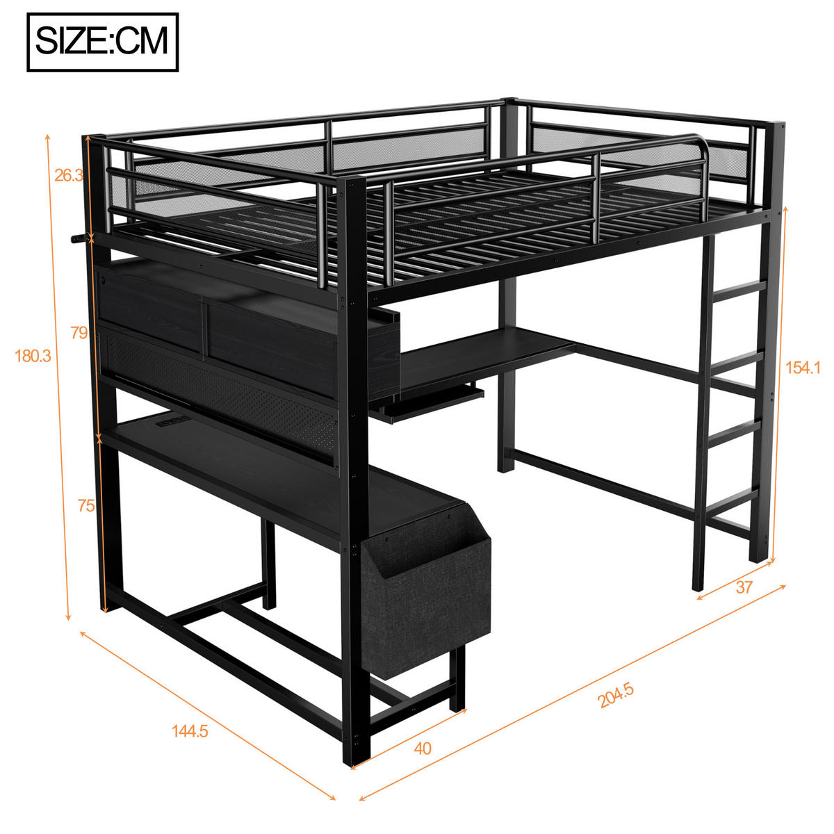 HOCHBETT 140/200 cm in Schwarz aus MDF und Metall mit Schreibtisch, LED und USB - Schwarz, Holzwerkstoff/Metall (140/200cm) - WISHDOR