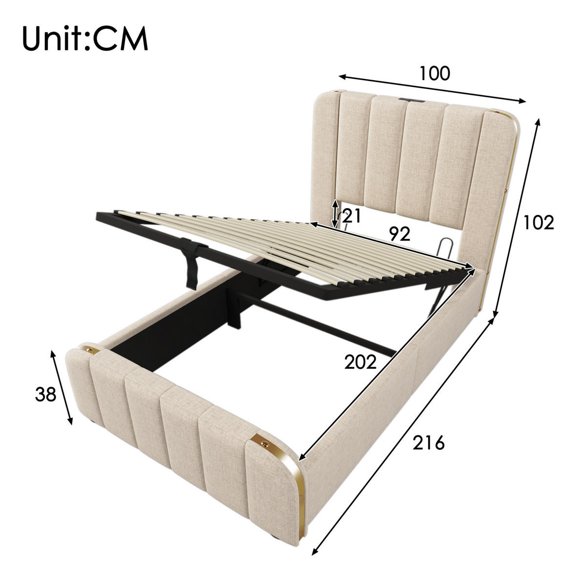 POLSTERBETT mit Matratze und Stauraum 90x200 cm Leinen Beige - Beige, Metall (90/200cm) - Beauniv