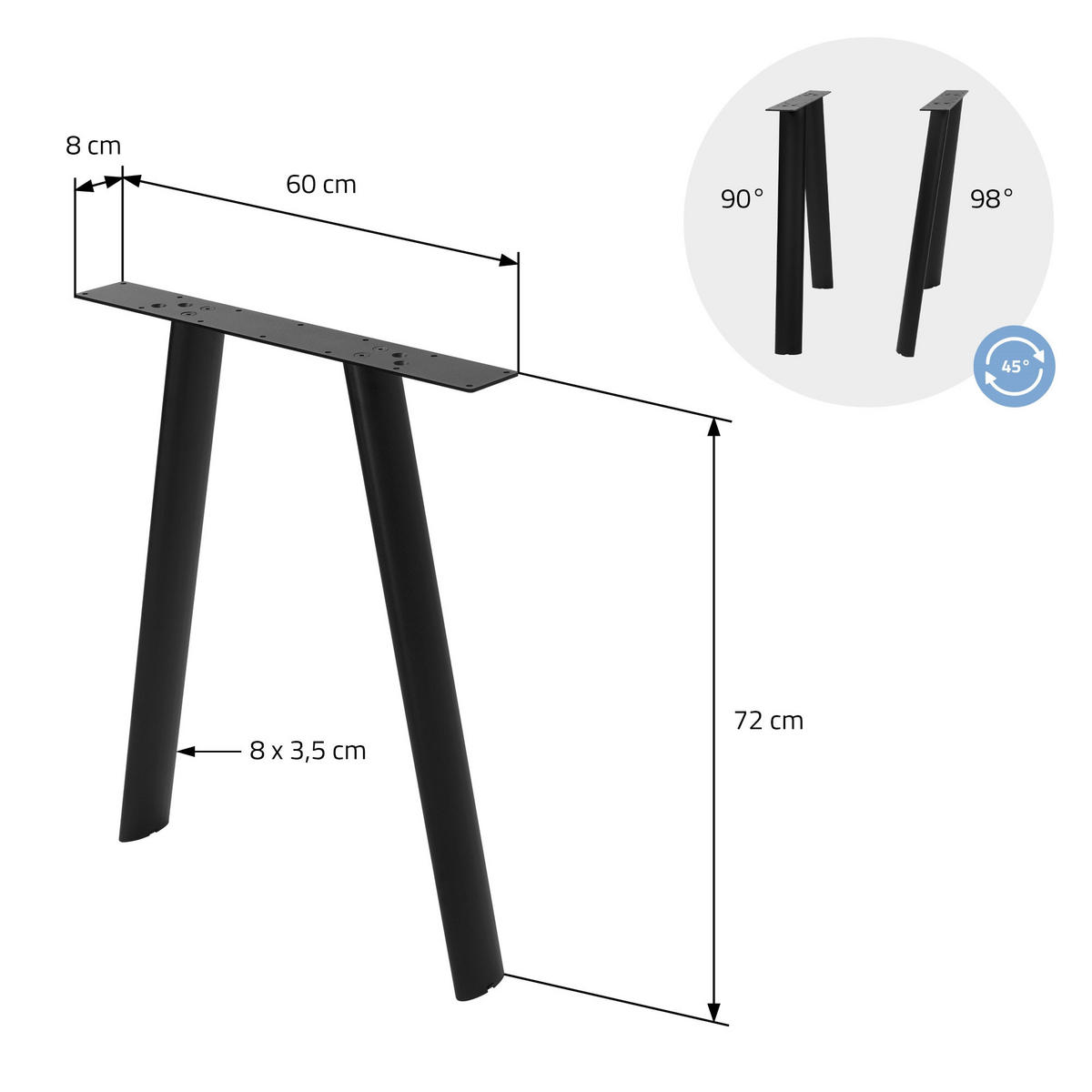 TISCHBEINE Metall Schwarz 2er Set 60x72 cm Oval Tischgestell aus Stahl A-Form - Schwarz, Metall (60/72/8cm) - ML-DESIGN