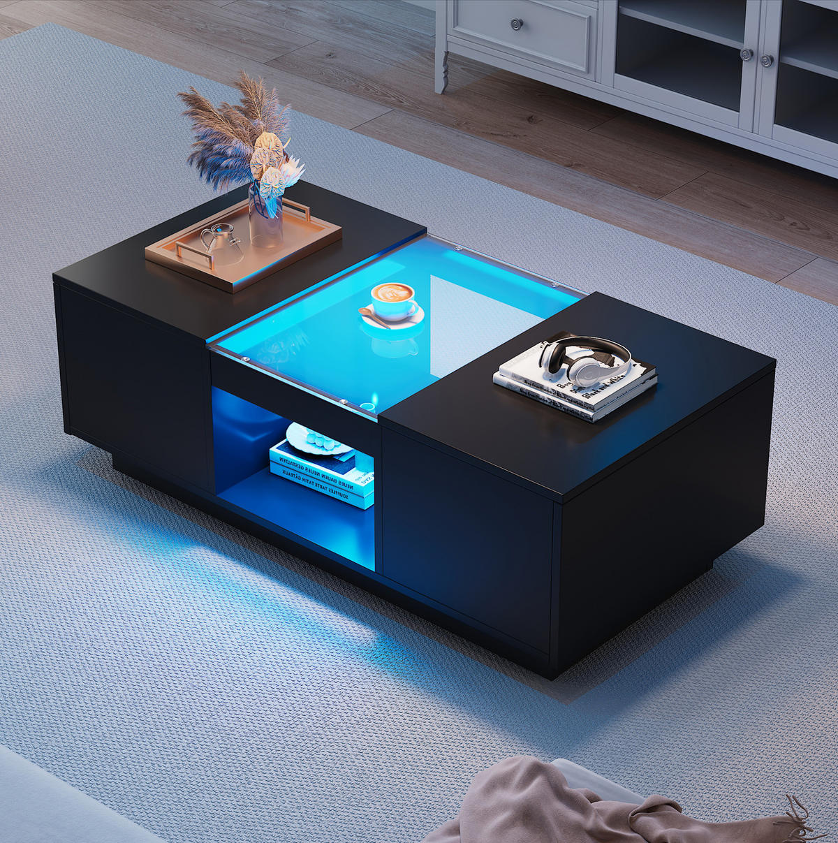 COUCHTISCH mit LED-Beleuchtung 100 x 50 cm Schwarz mit 2 Schubladen - Schwarz, Holzwerkstoff (100/50/35.5cm) - Meubliv