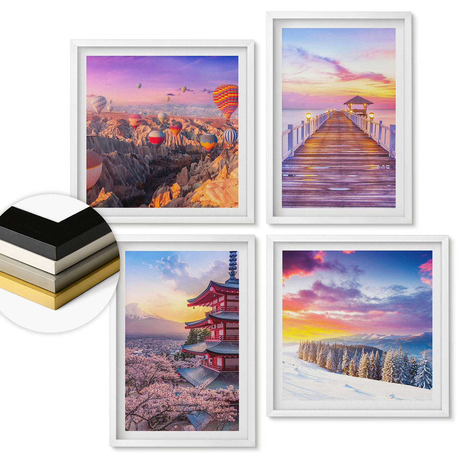 WANDBILDER 4er-Set - 50x50 cm & 40x60 cm Weißer Rahmen - Romantische Himmelslandschaften - Weiß, Kunststoff (50/50cm) - ArtPrintCave