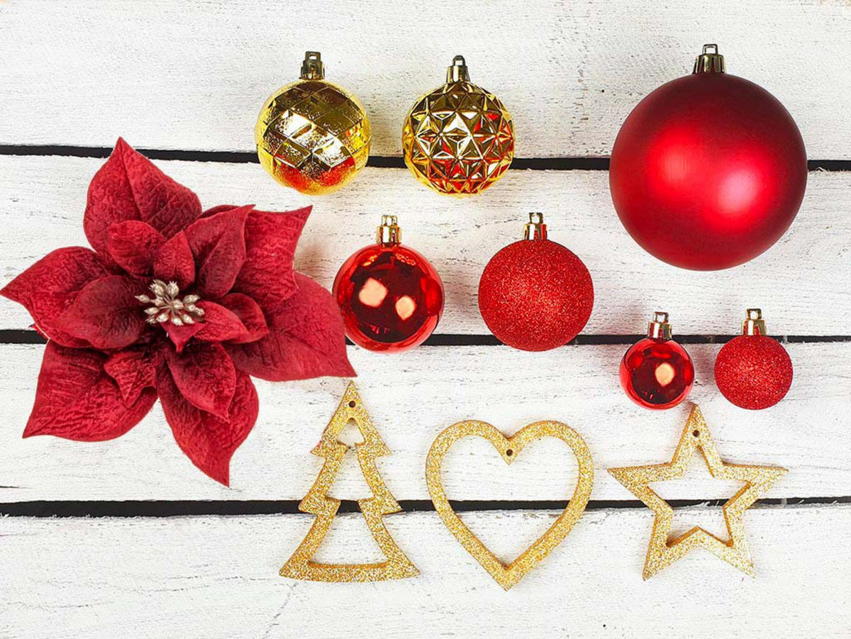 LAALU WEIHNACHTSBAUM geschmückt künstlich mit 106 Stk Kugeln CHRISTMAS STARS 180 cm mit Metallständer - Rot/Goldfarben, Kunststoff (180cm) - LAALU