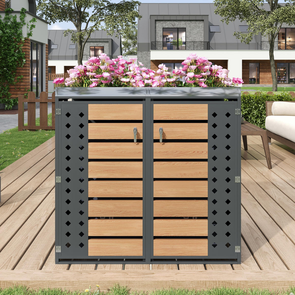 MÜLLTONNENBOX 2 Türen Holzoptik Pflanzfläche - Grau, Metall (132/124.58/80cm) - LEBENLANG