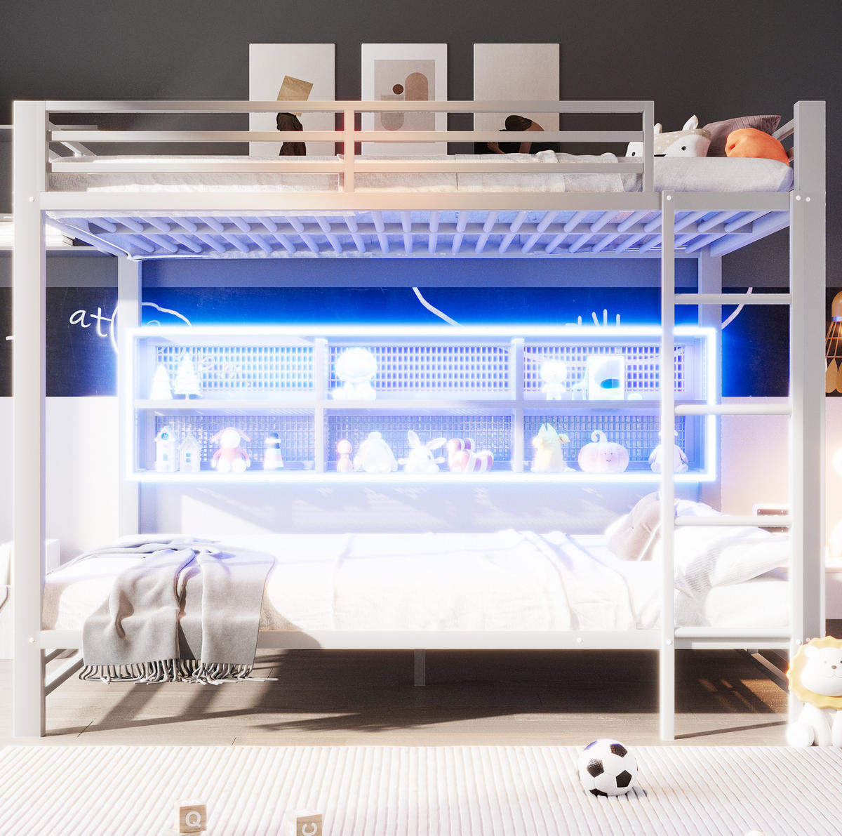 ETAGENBETT 140/200 cm in Weiß aus Metall mit 6 Stauraumschränken und LED - Weiß, Metall (140/200cm) - Flora Grace