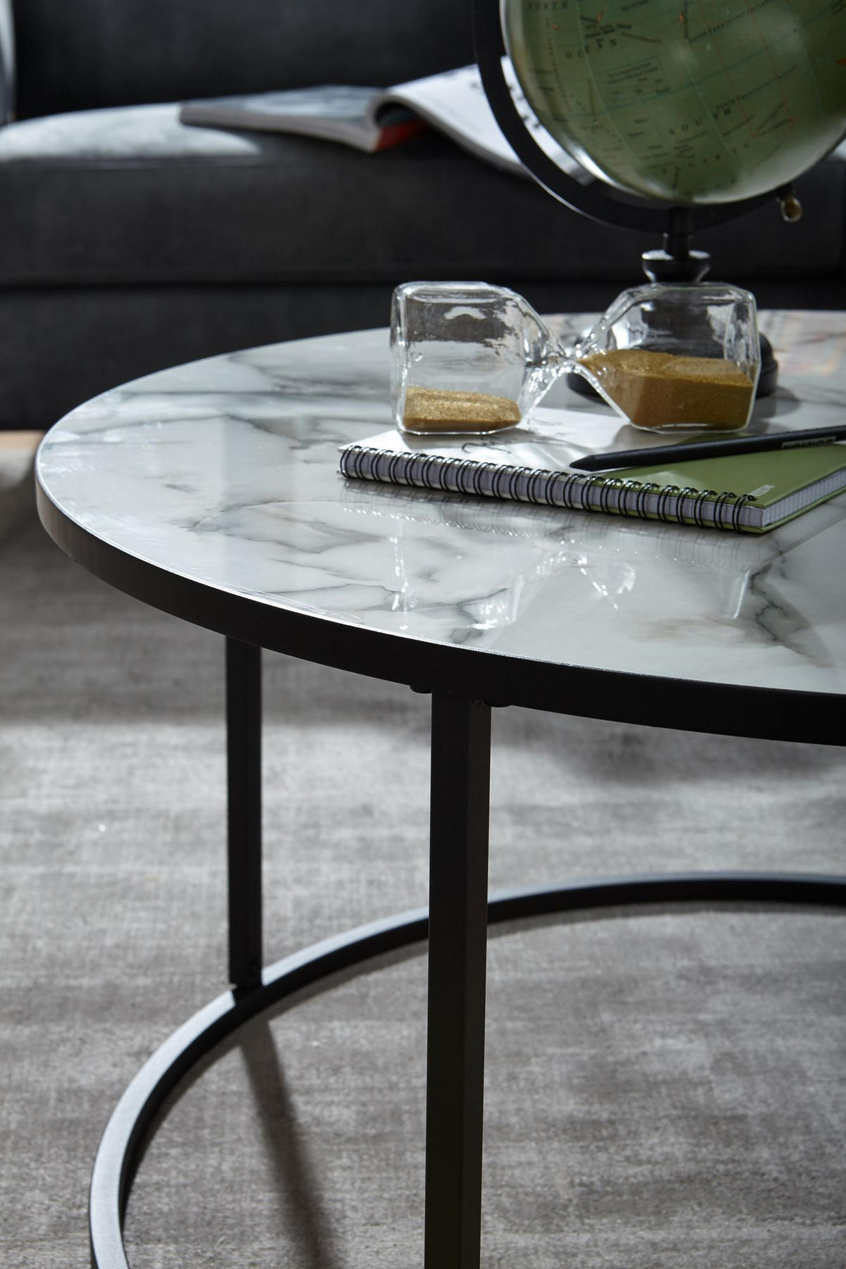 COUCHTISCH rund, Marmor-Optik, modernes Design mit 80 cm Durchmesser - Schwarz/Weiß, Holz/Metall (80/80/40cm) - KADIMA DESIGN