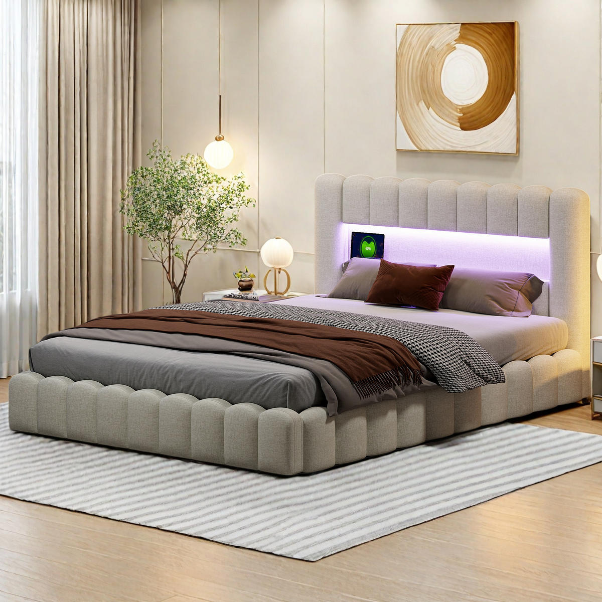 POLSTERBETT 160x200 cm Bubble Design LED USB Stauraum beige - Beige, Holz (160/200cm) - LEBENLANG