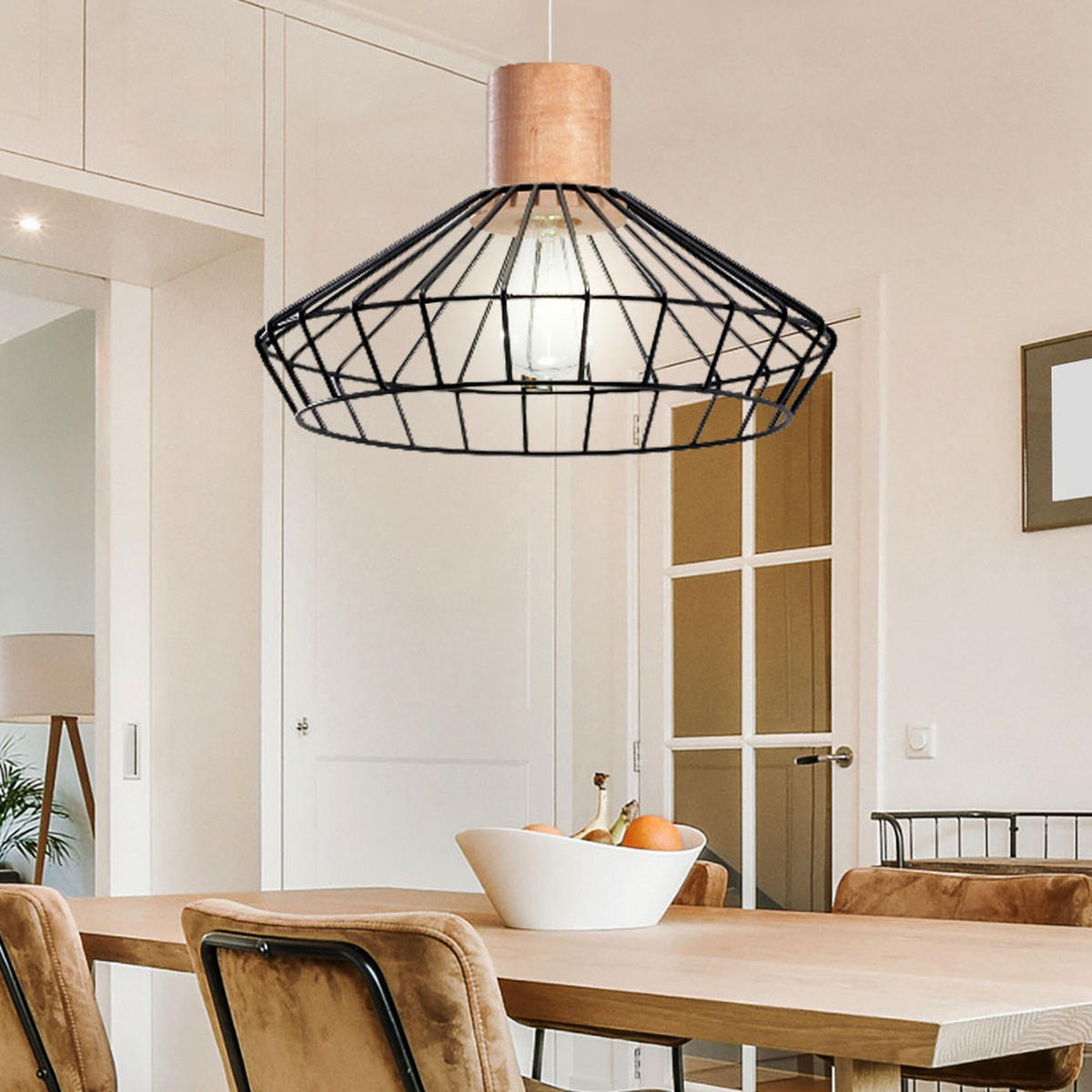 HÄNGELEUCHTE Stahl Schwarz Holz Natur - Schwarz, Holz (39/39/130cm)