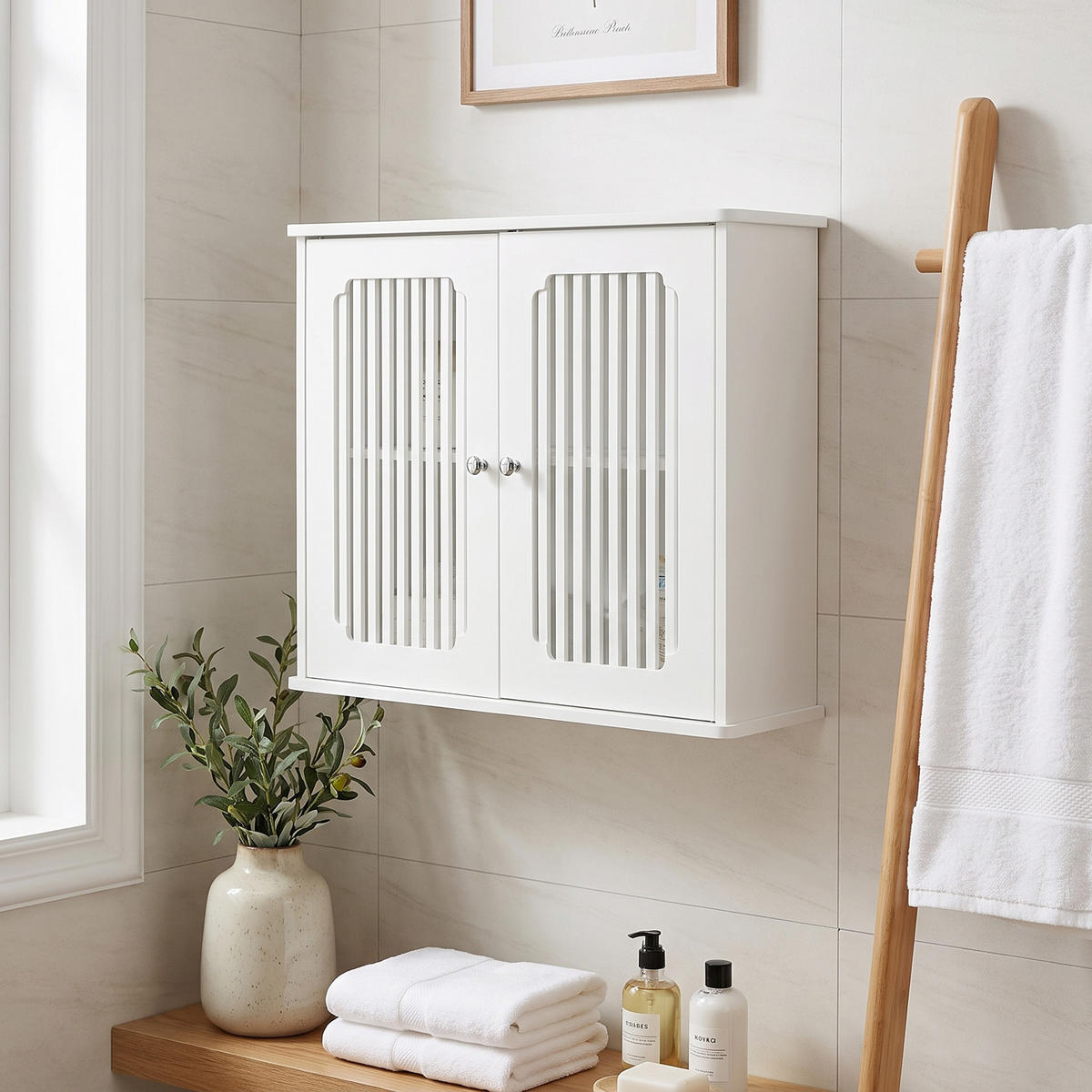 WANDSCHRANK Badezimmer Weiß mit Doppeltür & Lamellenfront - Weiß, Holzwerkstoff (60/52/20cm) - Urban Meuble