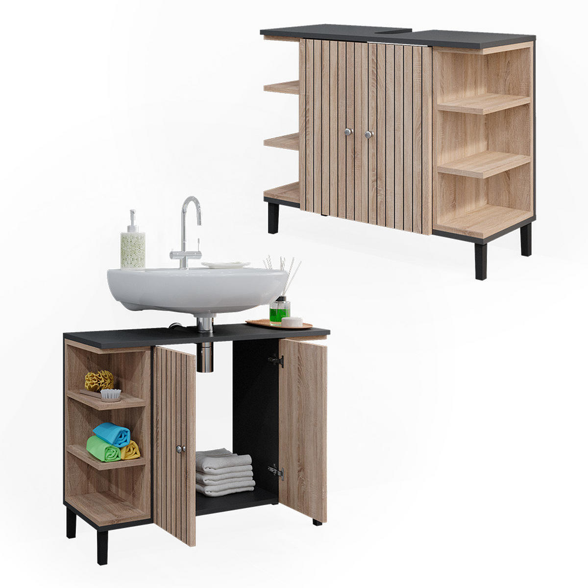 WASCHBECKENUNTERSCHRANK Aquis Sonoma 79.6 x 64 cm mit 2 Türen - Anthrazit/Sonoma Eiche, Holzwerkstoff (79.6/64/32cm) - Vicco