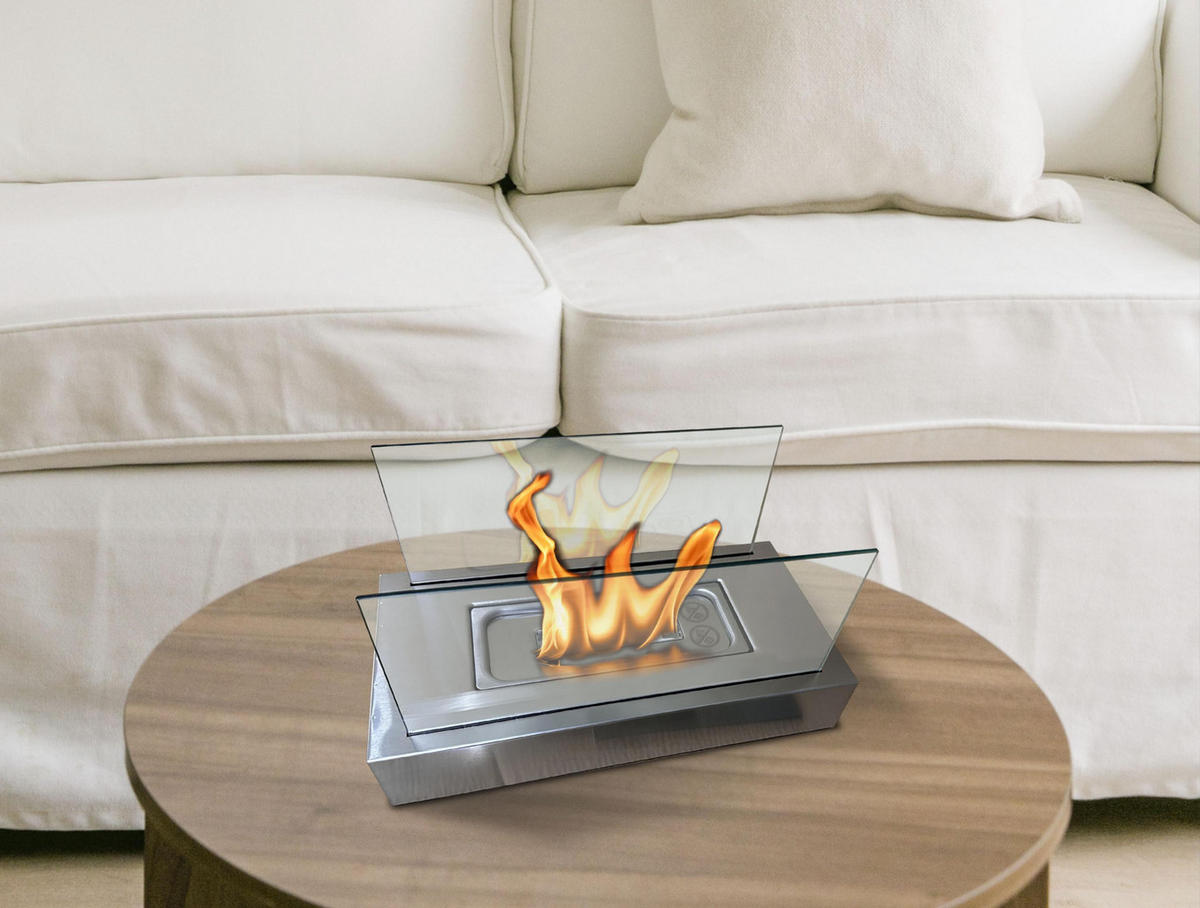 BIOETHANOL-KAMIN Grau Tischmodell inklusive 0.18 L Brennblock - Silberfarben/Grau, Glas (35/15/18cm) - Purline