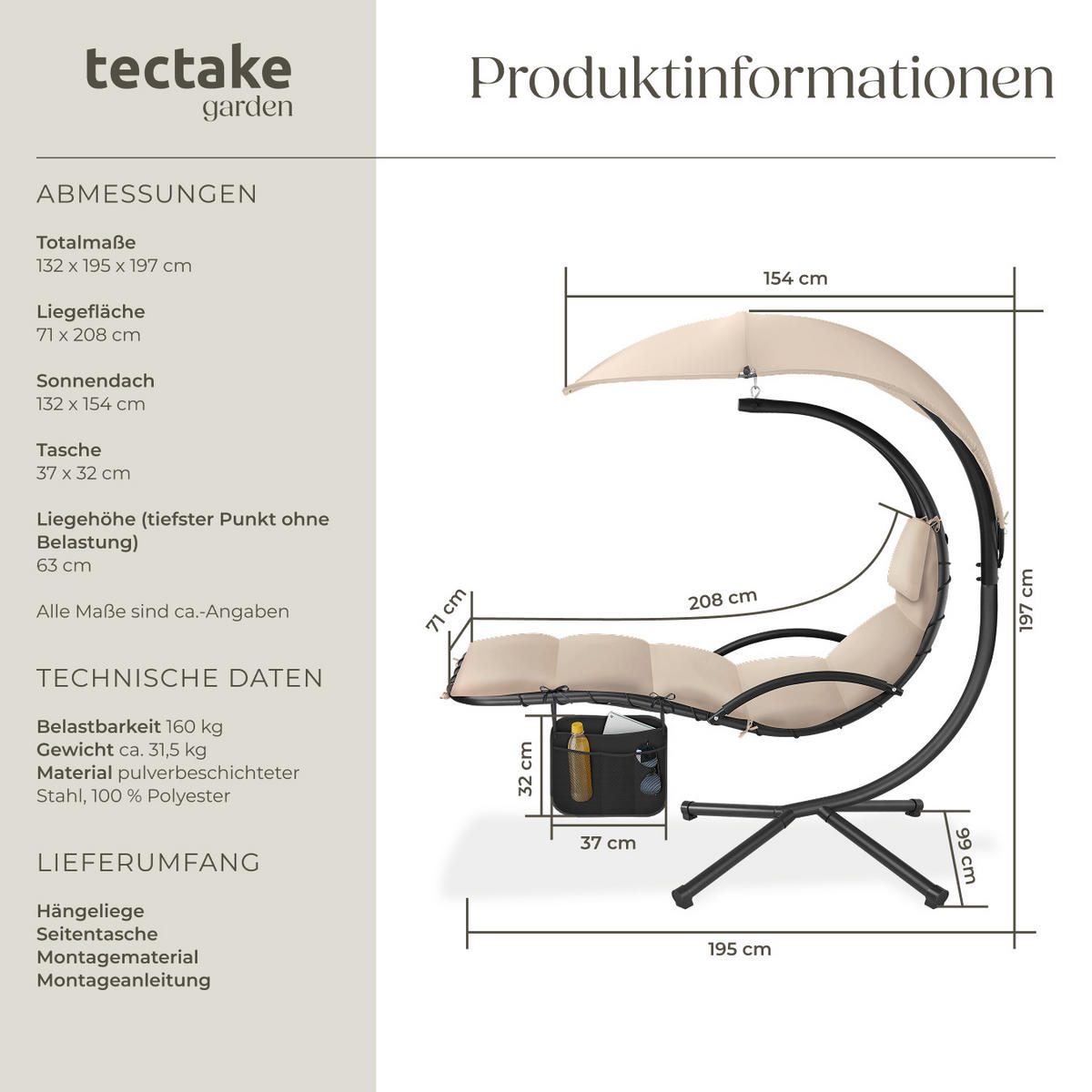 HÄNGELIEGE Elaria,195 x 132 x 197 cm, mit Seitentasche,beige - Beige, Textil (132/197/195cm) - tectake