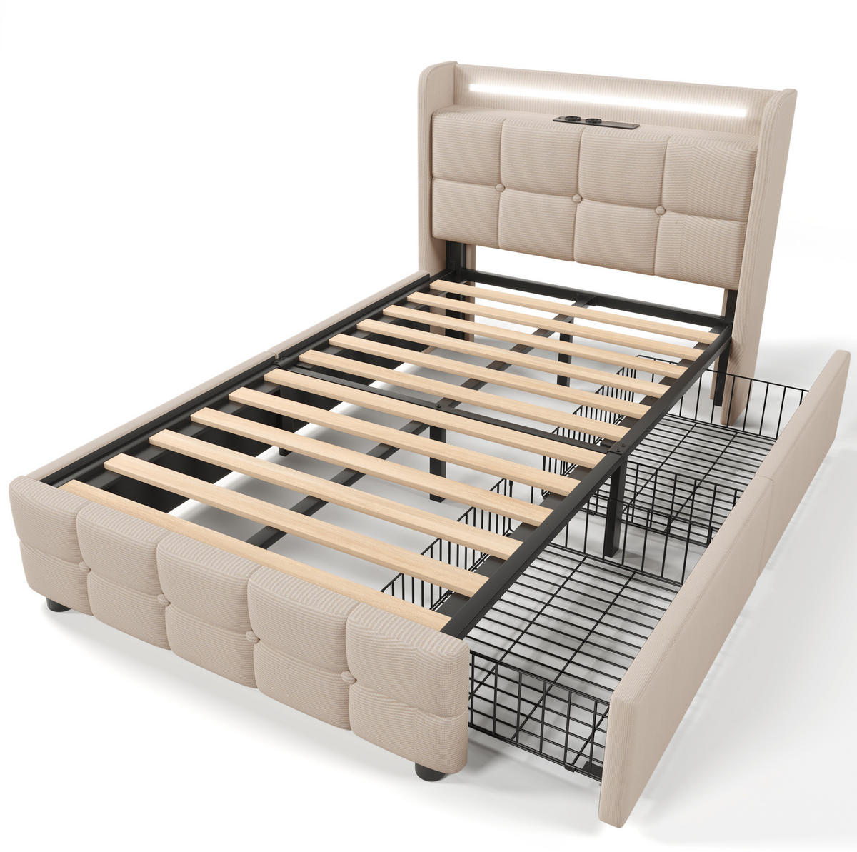 POLSTERBETT mit LED-Beleuchtung 90/200 cm mit USB, Schubladen & Kopfteil - Beige, Holz (90/200cm) - BEAOK