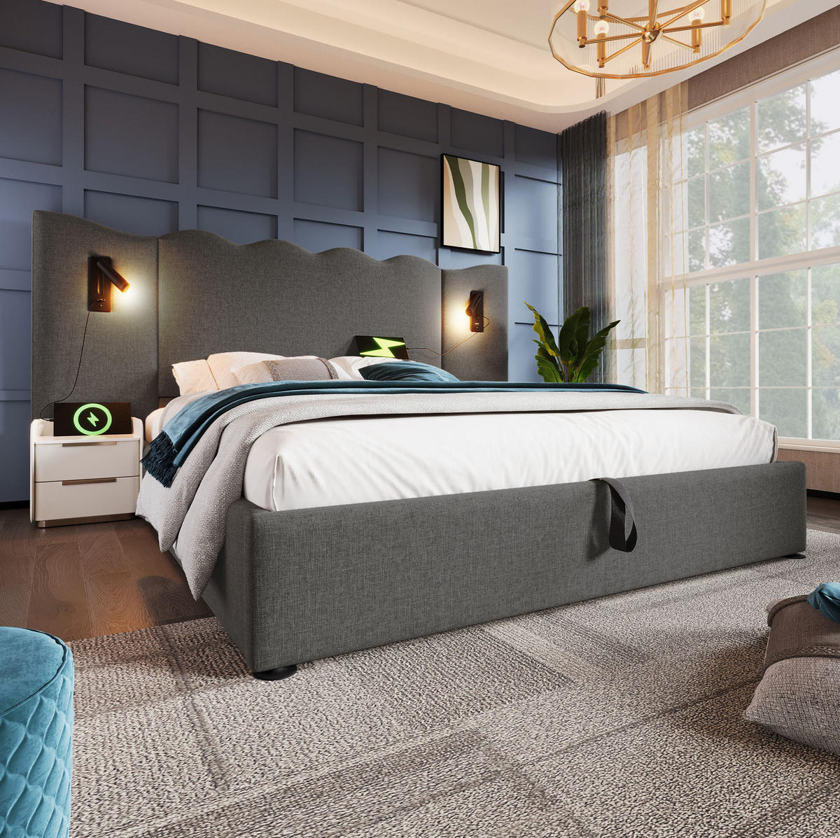 POLSTERBETT mit Stauraum 160x200 cm Leinen Grau USB & Leselampe - Grau, Metall (160/200cm) - Meubliv