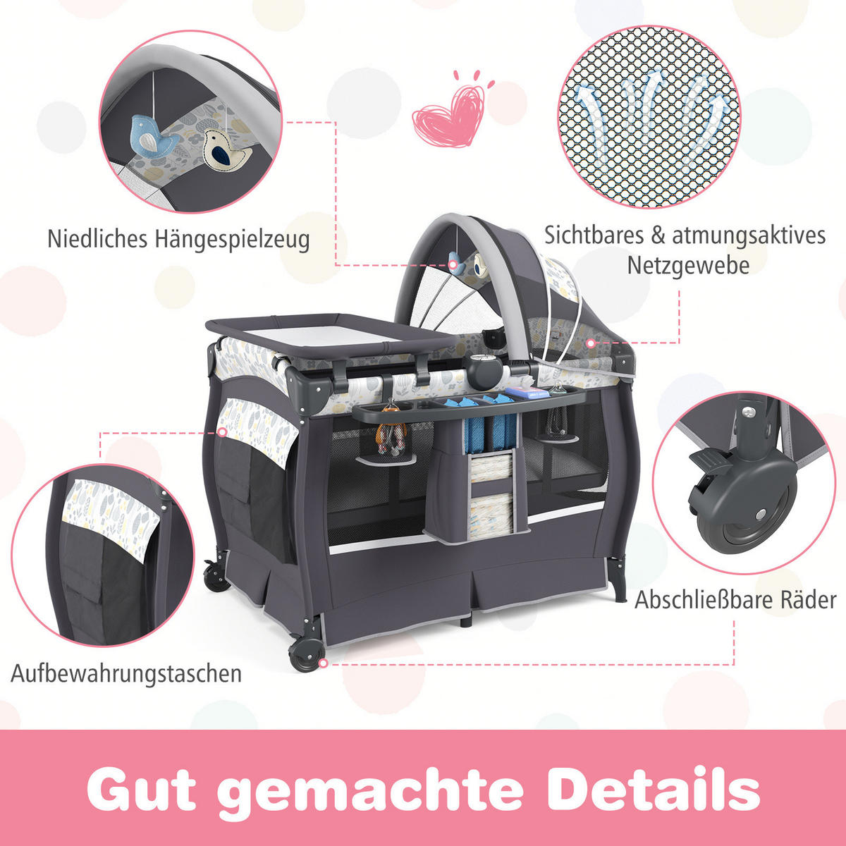 BABYBETT Grau - Grau, Textil - COSTWAY