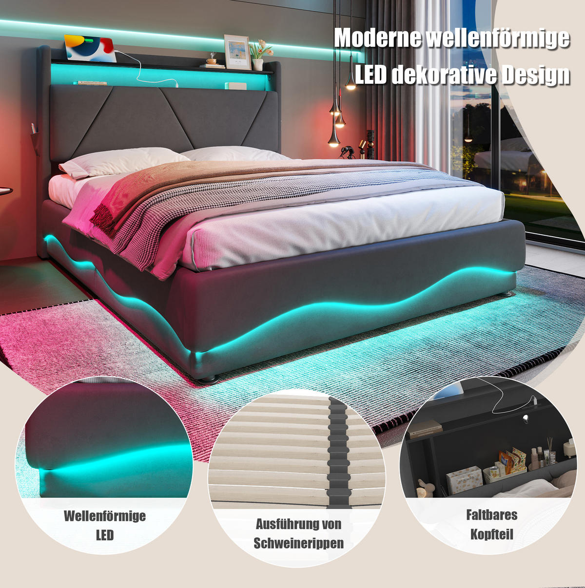 POLSTERBETT 140/200 cm mit LED-Beleuchtung, USB-/Type-C-Anschlüssen, Bettkasten und Regal im Kopfteil, Samt, Dunkelgrau - Dunkelgrau, Textil (140/200cm) - Redom