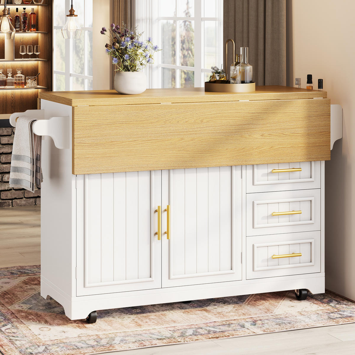KÜCHENINSEL DE-38361 120/197 cm ausklappbar mit 3 Schubladen Weiß - Weiß, Holzwerkstoff (120/95/40cm) - ComfortXL