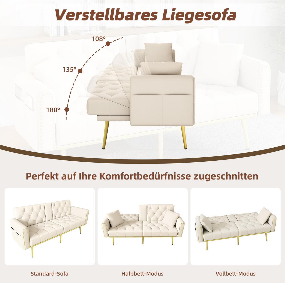 SCHLAFSOFA Samt mit verstellbarer Rückenlehne und Getränkehalter Beige 175/80/73,5 cm - Beige, Textil (73.5/175/80cm) - Redom