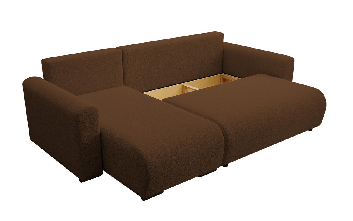 ECKSOFA DORA L, Eckcouch in L-Form mit Schlaffunktion und Bettkasten, Farbe: Braun, Bouclé-Stoff, Ottomane Links - Braun, Textil (240/143cm) - Storez24