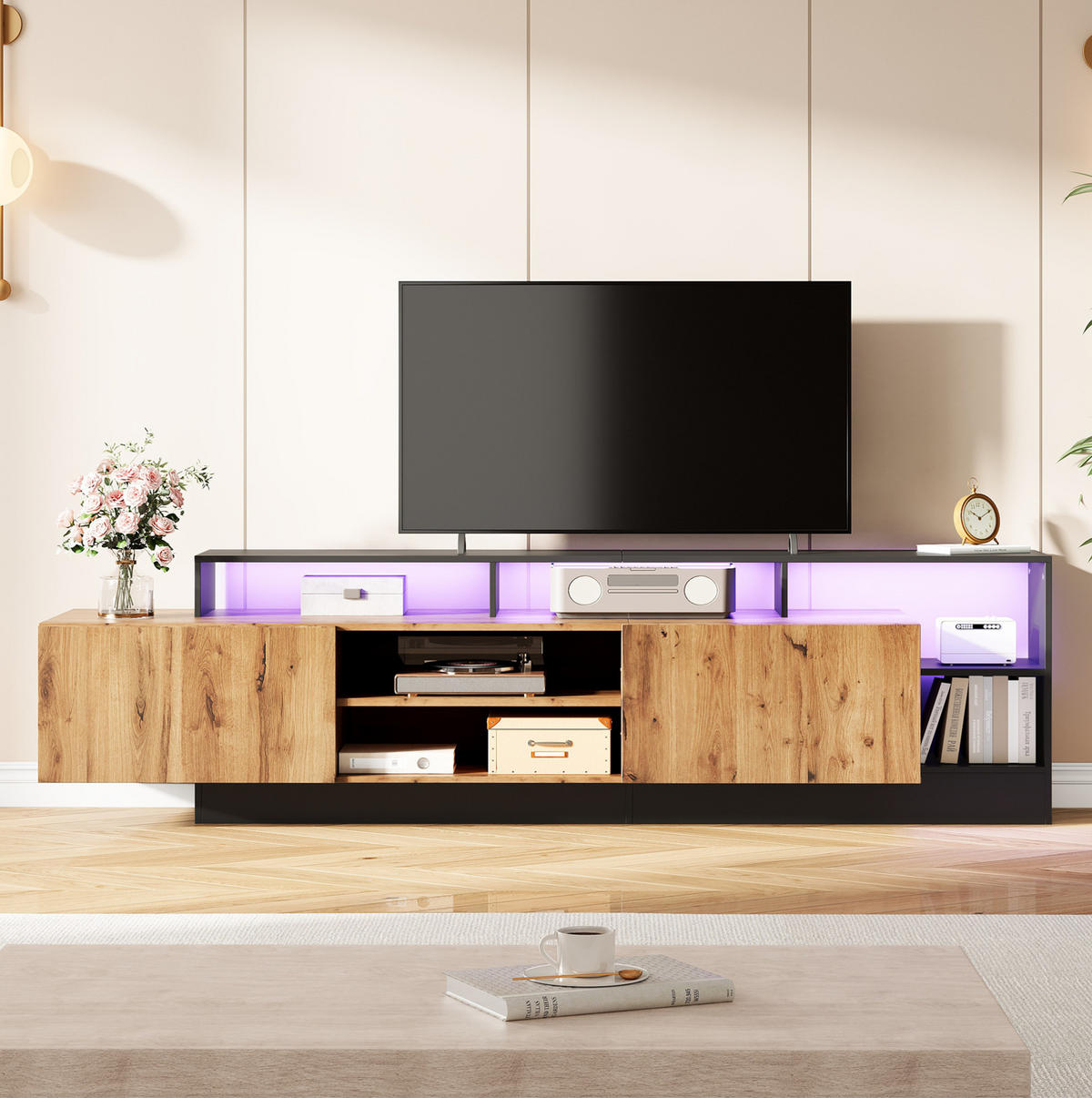 TV ormarić 190/40/48,5 cm crni i hrast od iverice s LED rasvjetom i otvorenim pretincima - crna, drvni materijal (190/48.5/40cm) - OKWISH