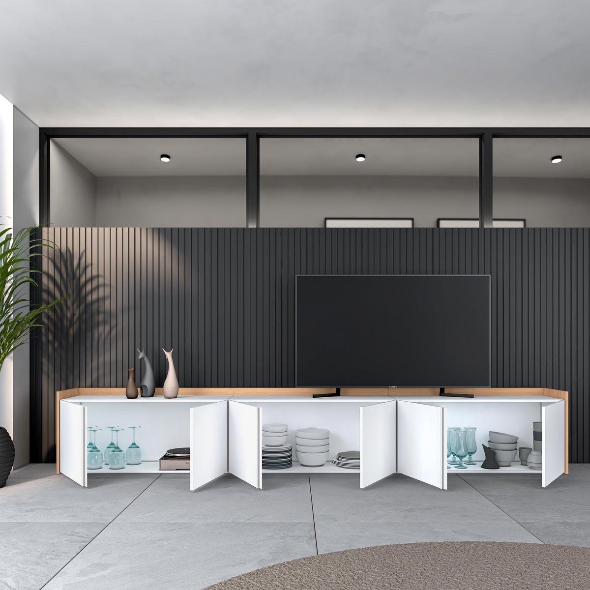 LOWBOARD, Weiß und Eiche, 309/35/50cm - Weiß, Holzwerkstoff (309/50/35cm) - Skraut Home