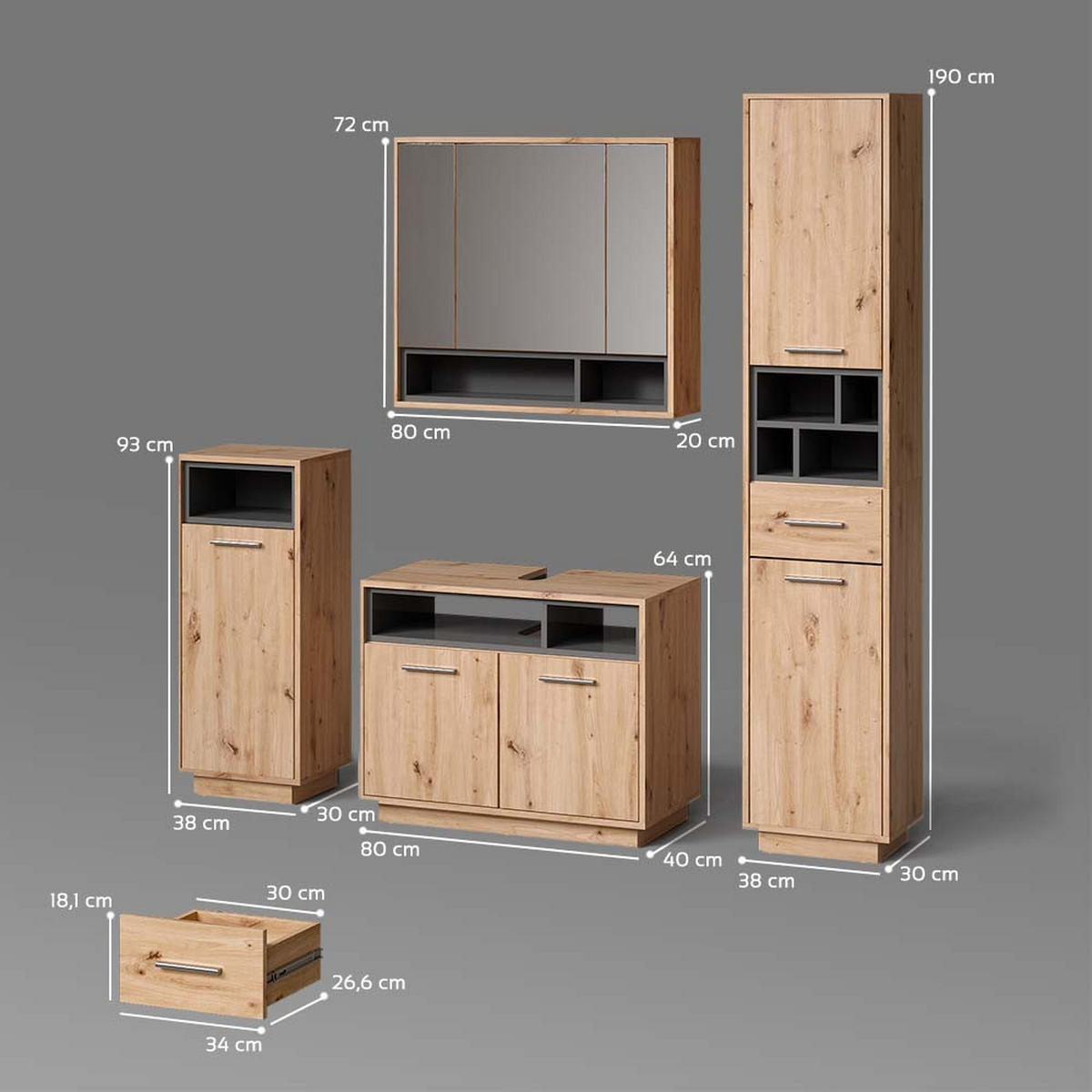 BADMÖBEL-SET Temo Artisan-Eiche 4 Teile - Anthrazit/Eiche Artisan, Holzwerkstoff (80/64/40cm) - Livinity®