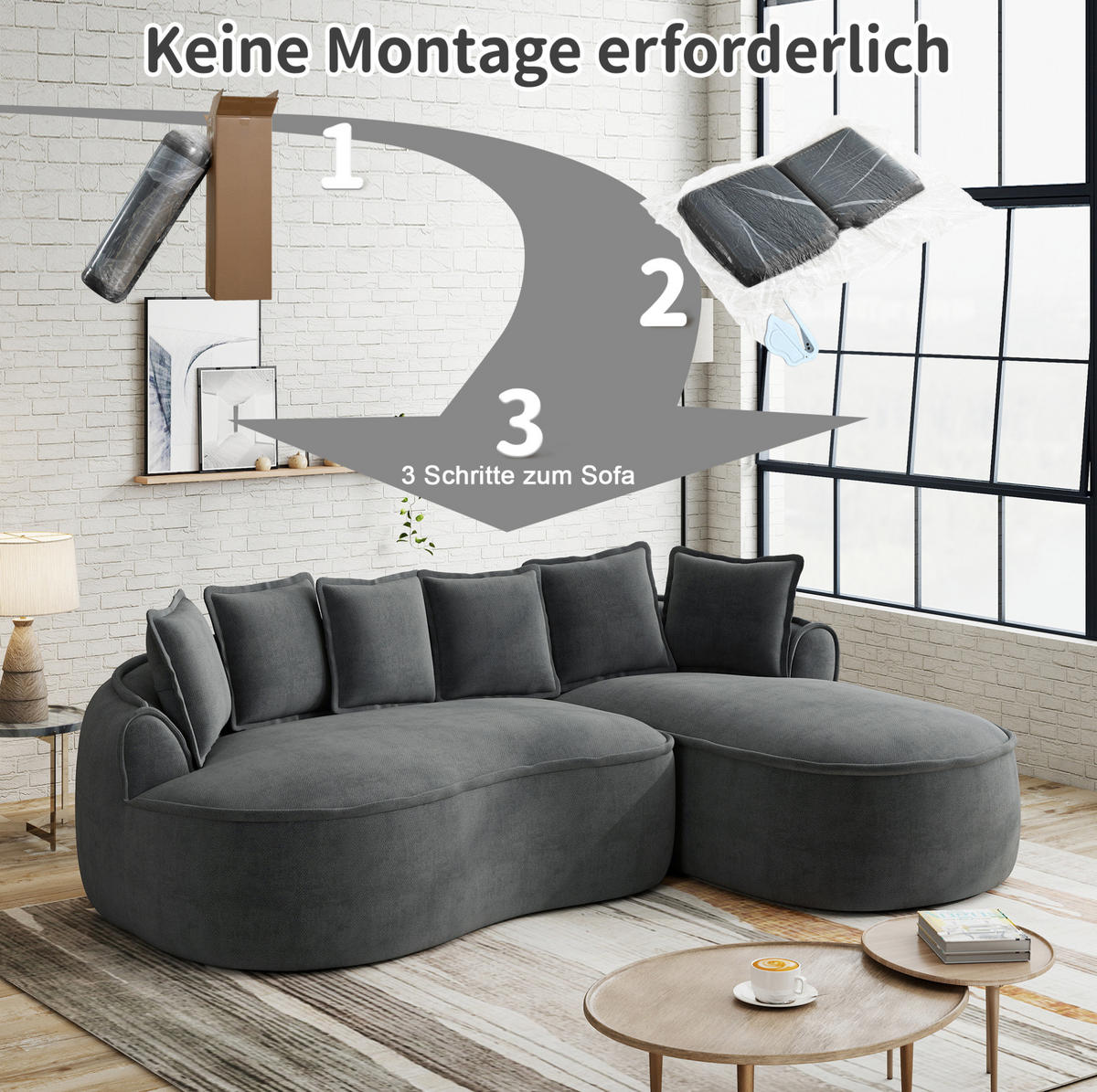 ECKSOFA 252/164/67 cm modular 122 cm grau aus Chenille mit Chaiselongue und Kissen - Grau, Textil (164/252cm) - OKWISH