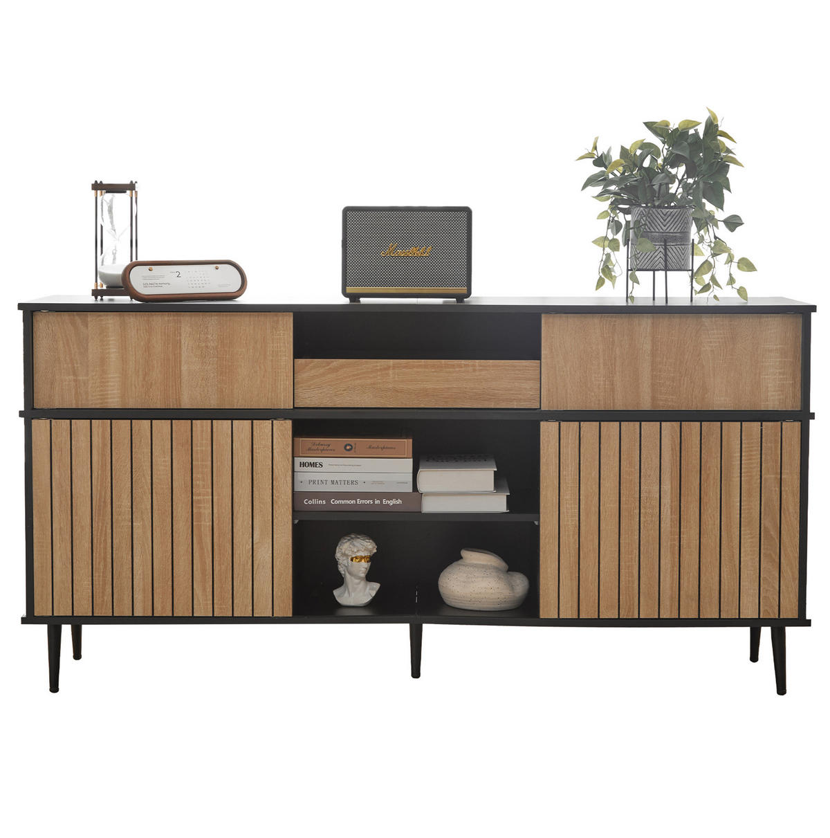 KOMMODE 160/40/80 cm mit Schiebetüren und Metallfüßen in Eichefarben/Schwarz - Schwarz, Holzwerkstoff (160/80/40cm) - BEAOK