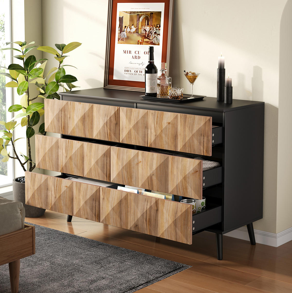 SIDEBOARD aus MDF und Spanplatte 120x40x85 cm Schwarz/Naturholz mit 6 Schubladen - Naturfarben, Holzwerkstoff (40/85/120cm) - IVMEU