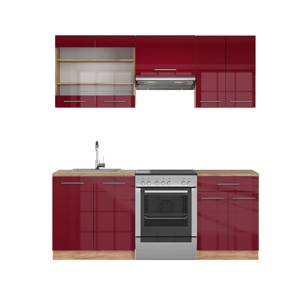 KÜCHENZEILE Fame-Line Bordeaux Hochglanz/Goldkraft Eiche 200 cm AP Eiche - Bordeaux/Eiche Wotan, Holzwerkstoff (200/81.6/60cm) - Vicco