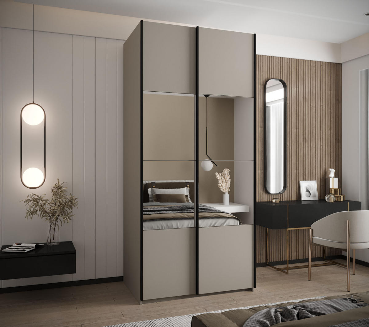 SCHWEBETÜRENSCHRANK 245,5/110/64 2-türig - Kaschmir/Schwarz, Holz/Metall (110/245/64cm) - Abiks Möbel