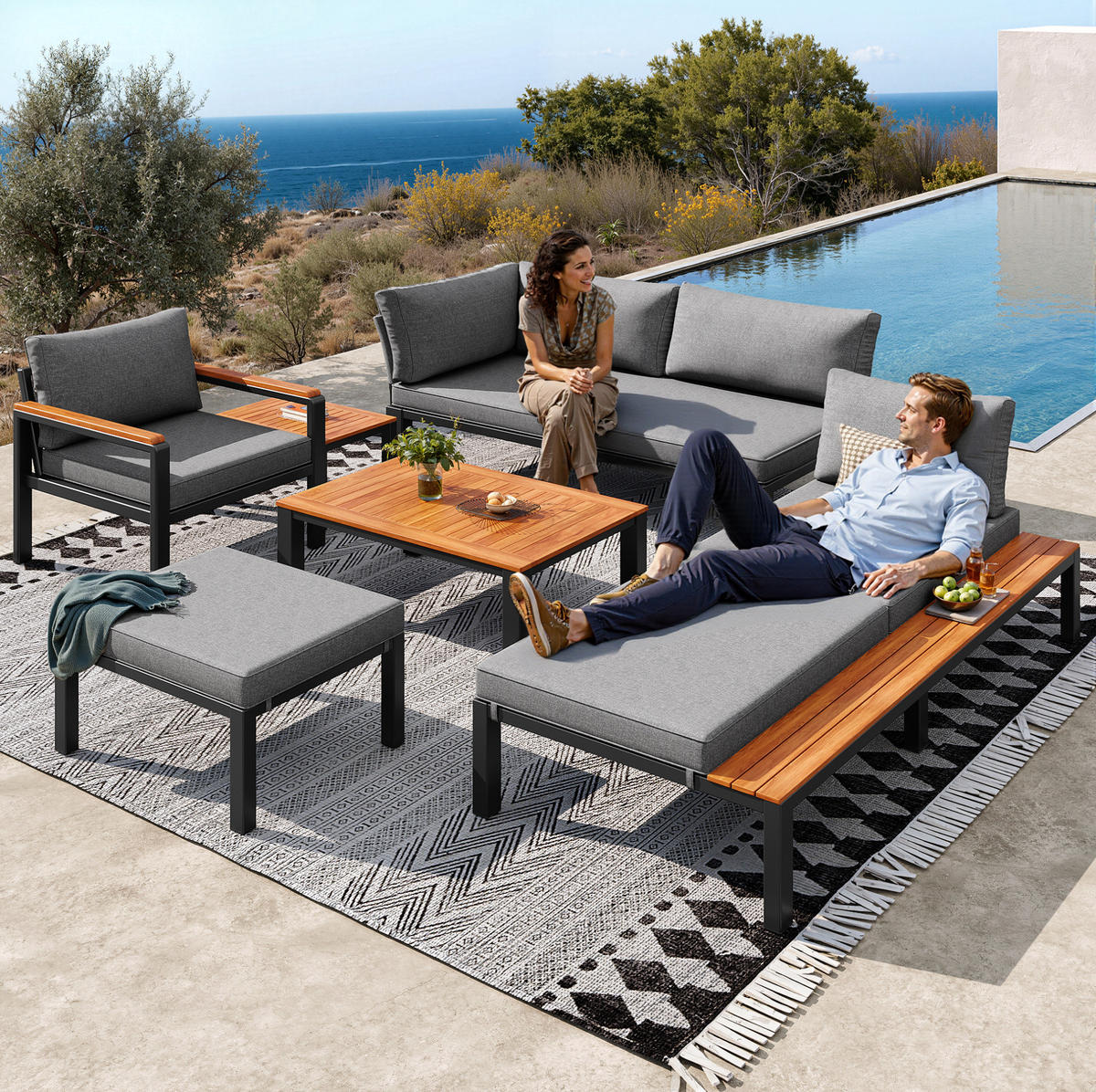 GARTENLOUNGE-SET 150/81,5/76 cm modular mit Akazienholz-Tischen und atmungsaktiven Kissen, Grau - Grau, Metall - Redom