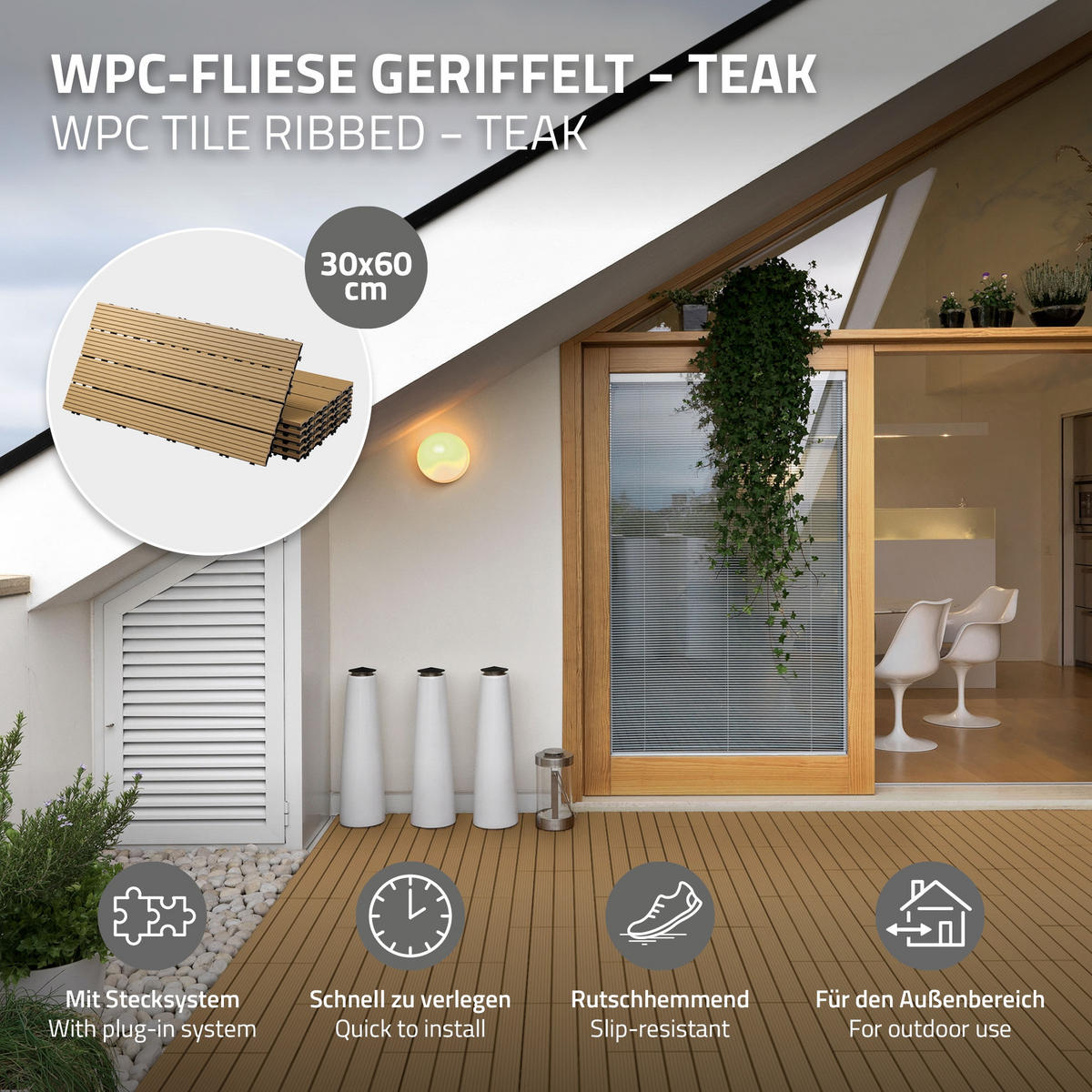 TERASOVÁ DLAŽBA Teak 12 kusů - teaková, kompozitní dřevo (60/30/2cm) - ECD-Germany