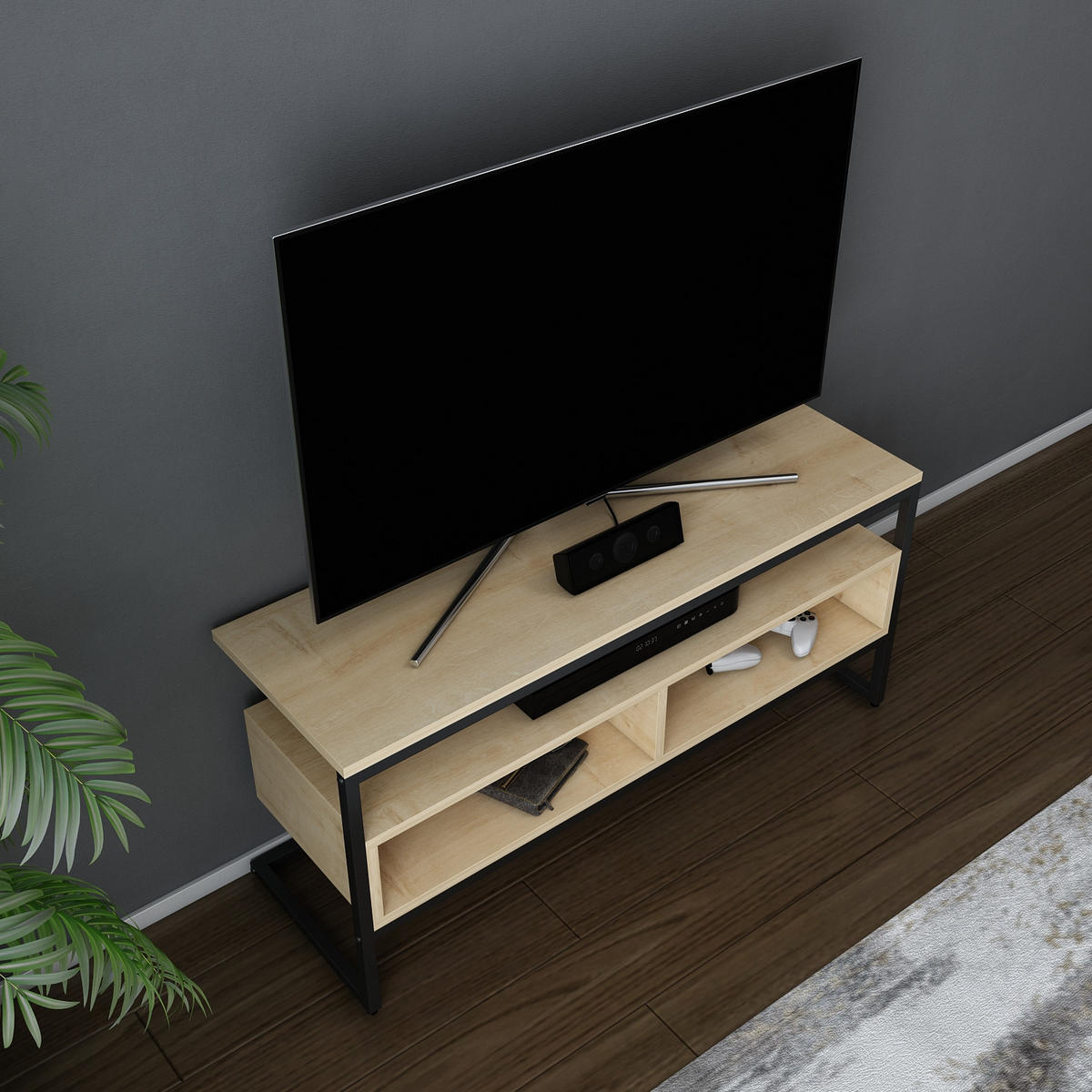 TV-ELEMENT Merrion Schwarz und Eiche Safir - Eichefarben/Schwarz, Holzwerkstoff (111/51/35cm) - Decorotika
