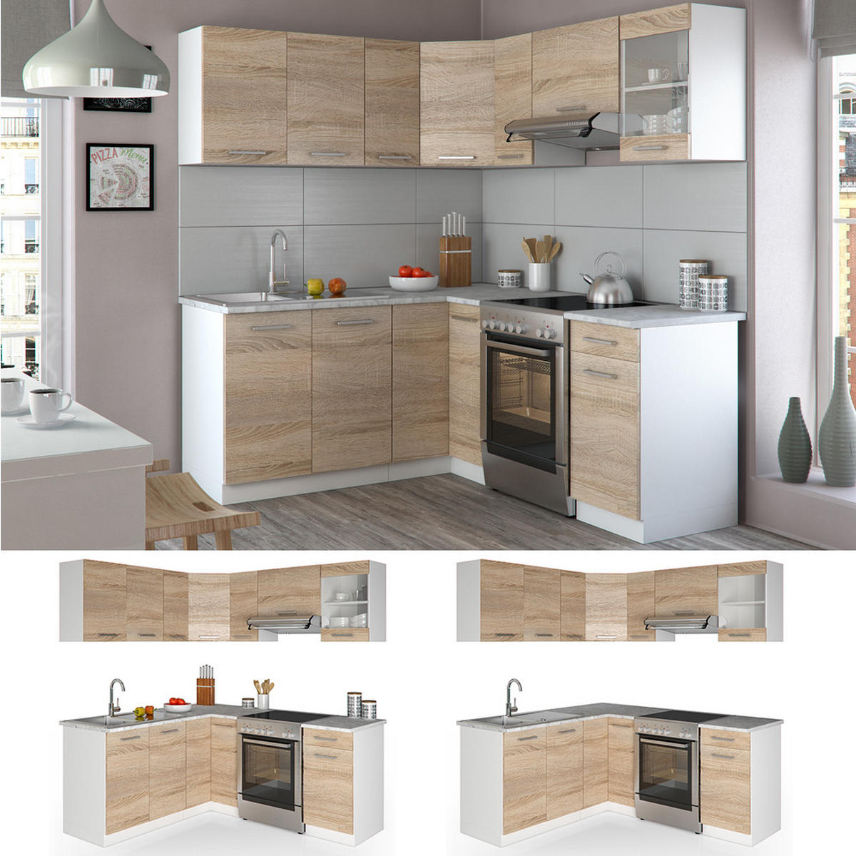 ECKKÜCHE Rick Weiß/Sonoma 187 x 167 cm , AP Marmor mit LED-Leisten - Weiß/Sonoma Eiche, Holzwerkstoff (187/81.6/60cm) - Vicco