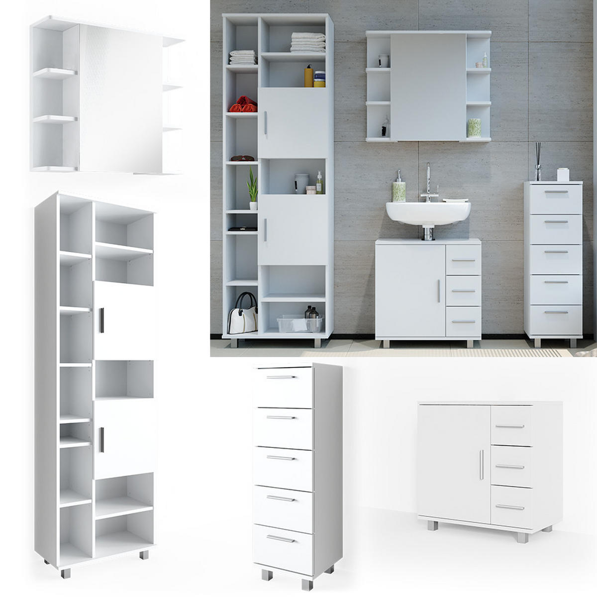 BADMÖBEL-SET Ilias Weiß 4 Teile, mit Hochschrank - Weiß, Holzwerkstoff (60/60/33cm) - Vicco