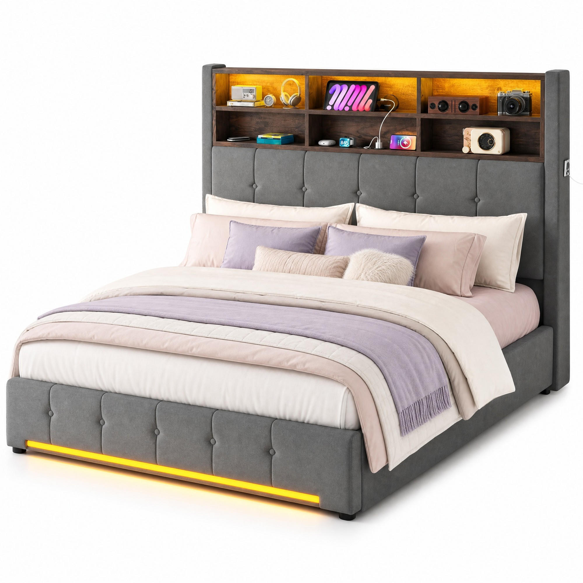ČALOUNĚNÁ POSTEL 160/200 cm v tmavě šedé barvě se sametem, LED, USB-C a úložným prostorem - tmavě šedá, kov/kompozitní dřevo (160/200cm) - CHICFURN