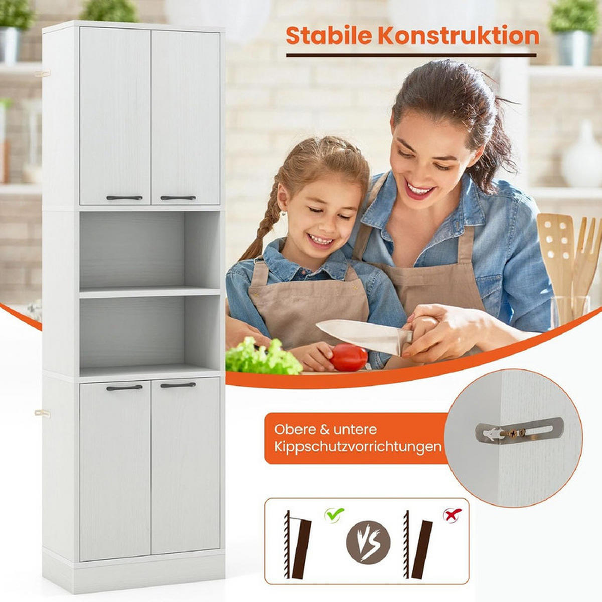VORRATSSCHRANK mit Türen hellgrau - Hellgrau, Holzwerkstoff (56/190/30cm) - COSTWAY