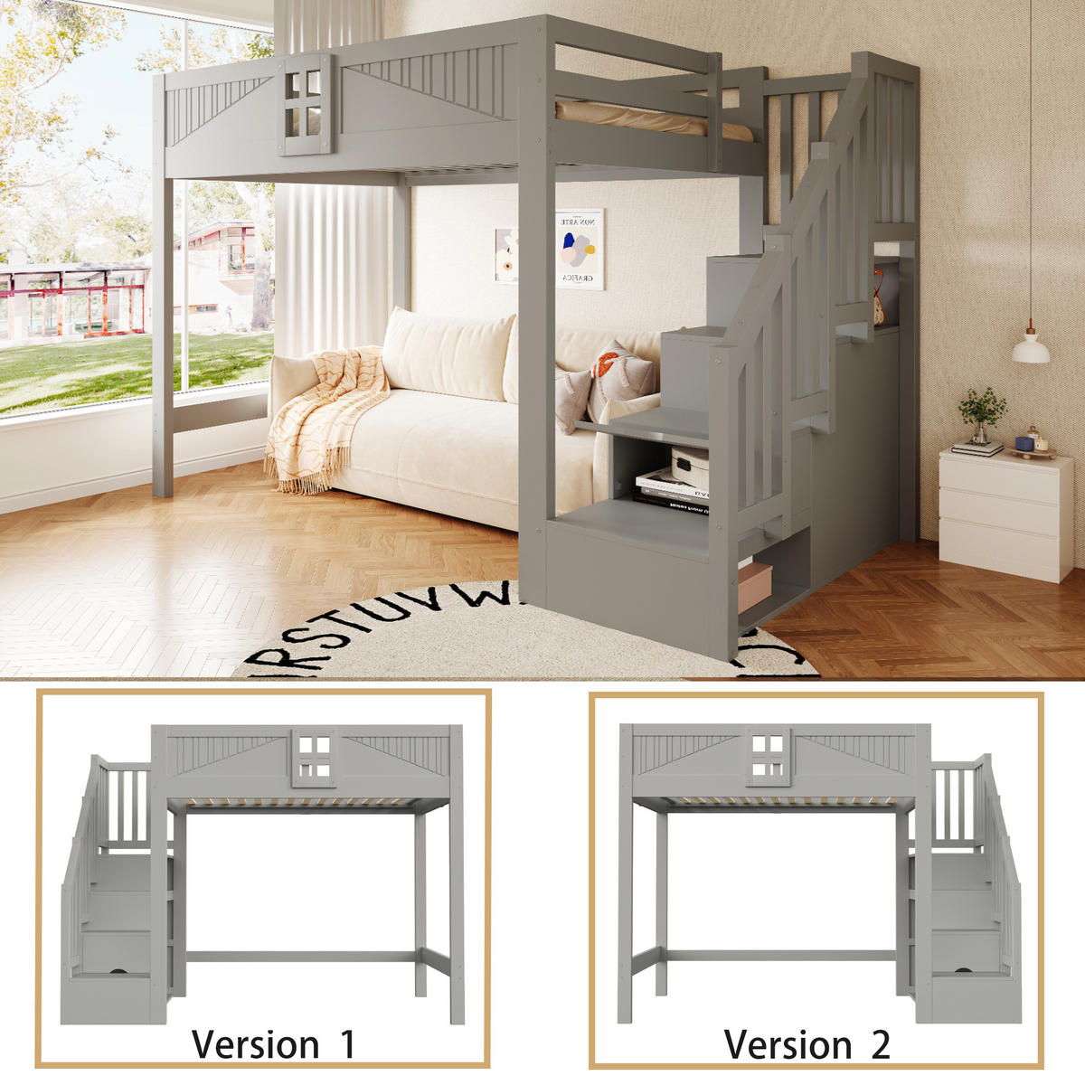 MASSIVHOLZ-HOCHBETT 140 x 200 cm mit Fenster und Leiter, Grau - Grau, Holz (140/200cm) - FLIEKS