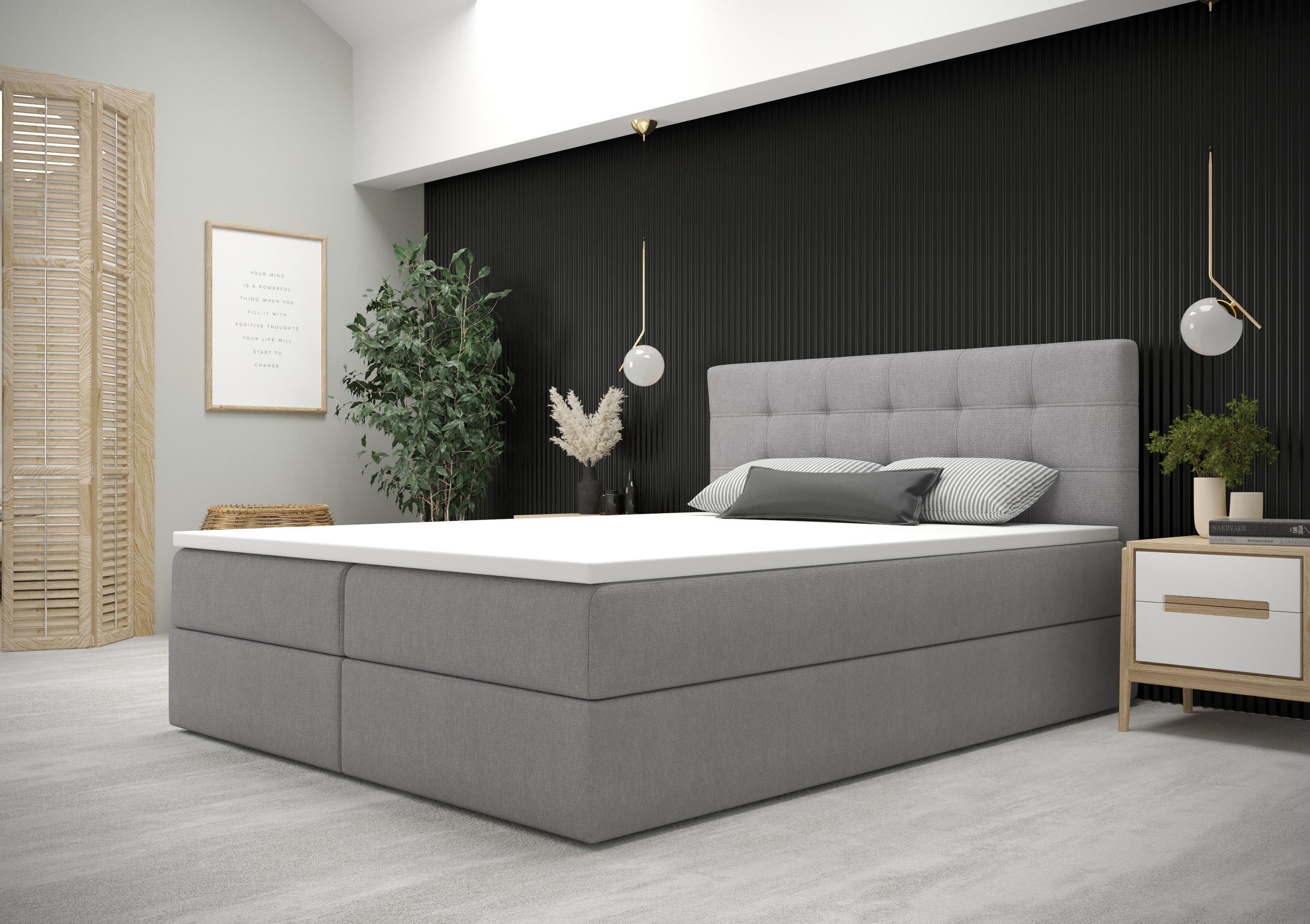 BOXBETT FADO 2 200x200, mit Matratze H3 und Topper, Cosmic 118 - Grau, Holz/Kunststoff (200/200cm) - Bedante