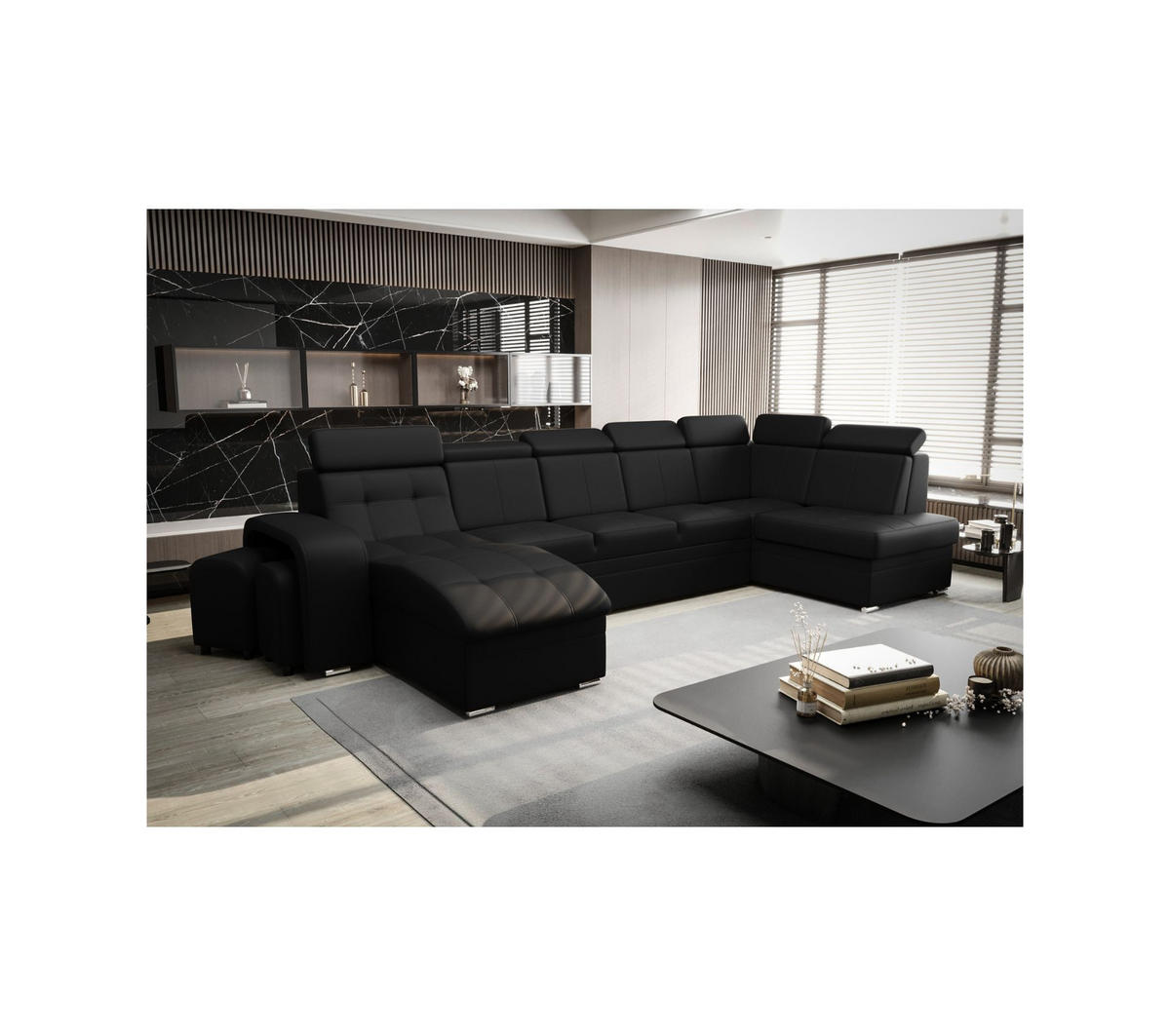 WOHNLANDSCHAFT KONGO RBN13, Eckcouch in U-Form mit Schlaffunktion, Farbe: Schwarz, Kunstleder, Ottomane Links - Schwarz, Textil (392/108/180cm) - O-Sofa