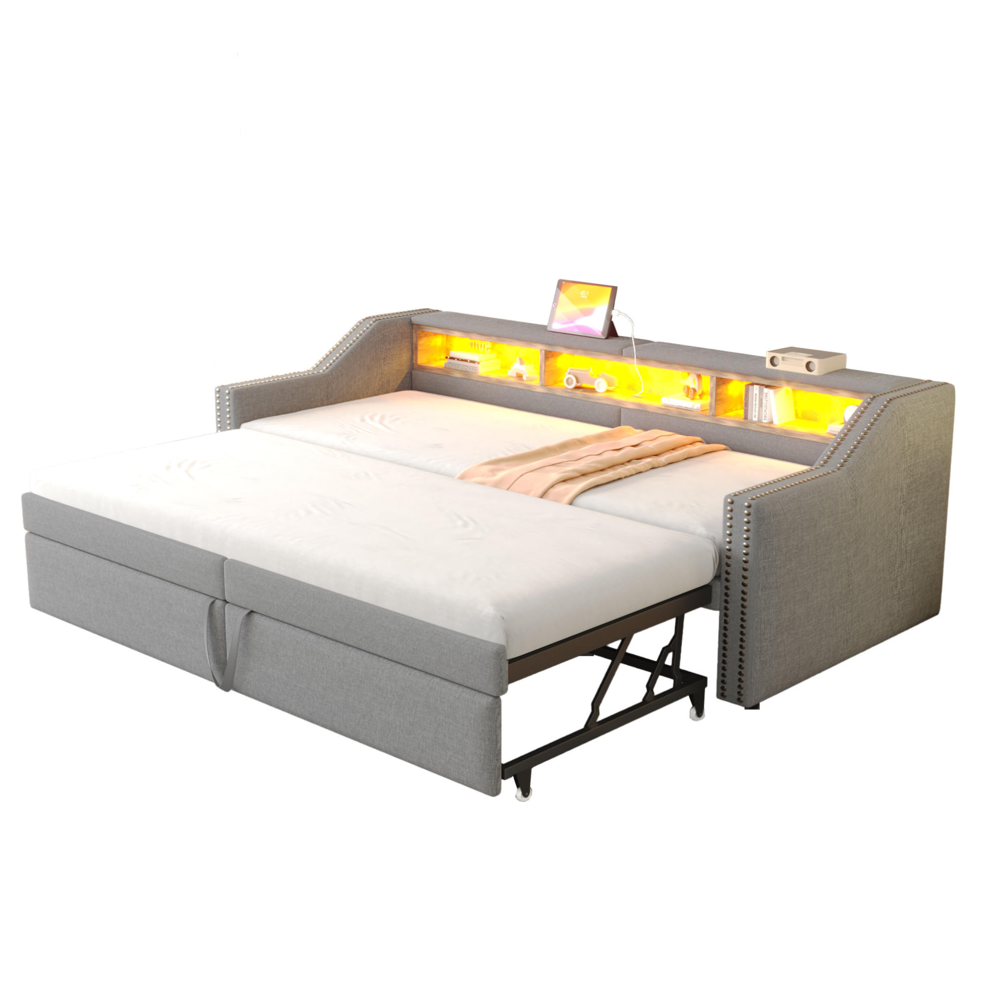 OKWISH ROZKLÁDACÍ čalouněná postel 90/180 x 200 cm světle šedá z lněné tkaniny s LED a USB