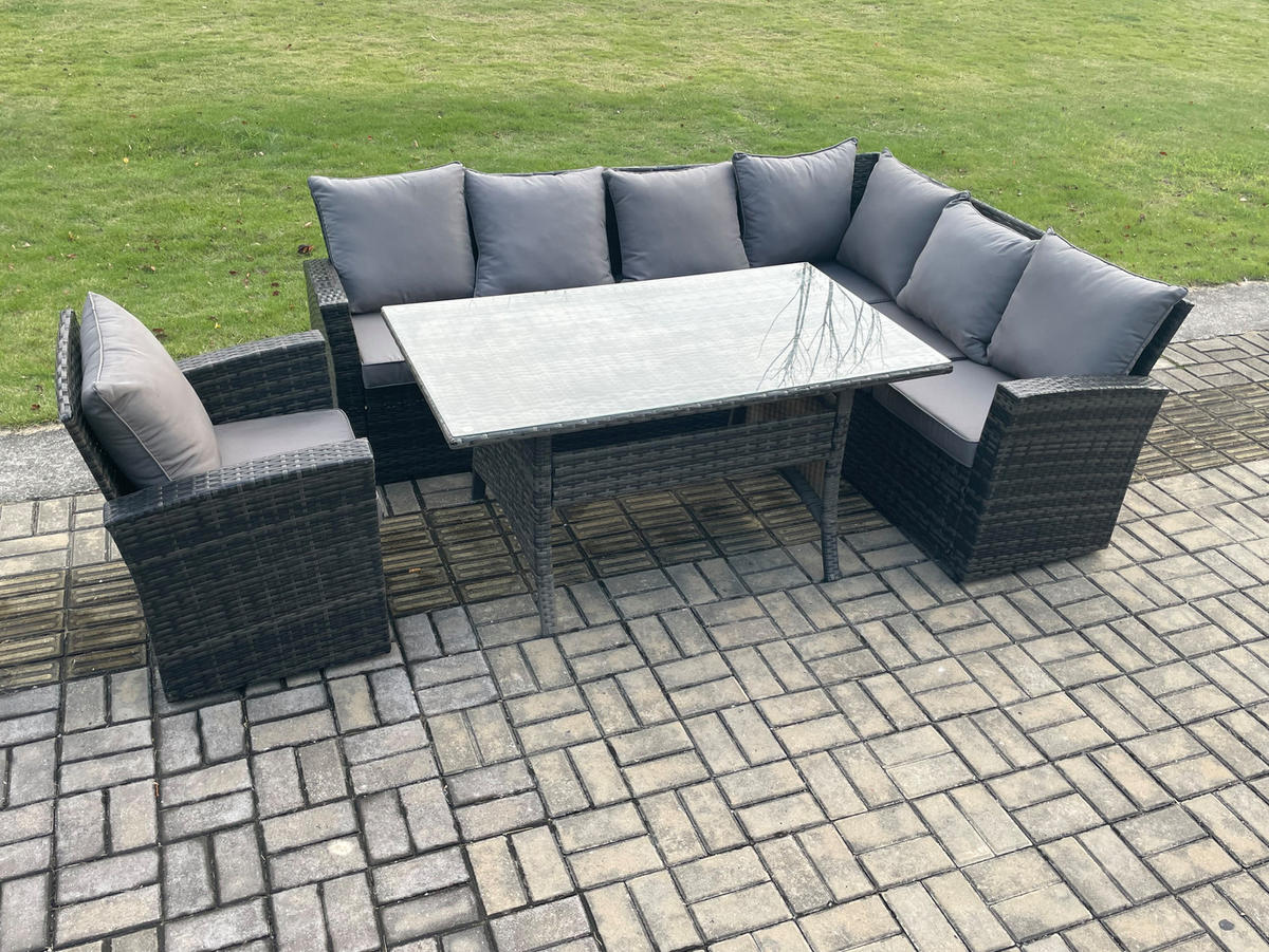 LOUNGEGARNITUR mit Esstisch Sofa Polyrattan Dunkelgrau 7-Sitzer - Dunkelgrau/Grau, Glas/Kunststoff - Fimous