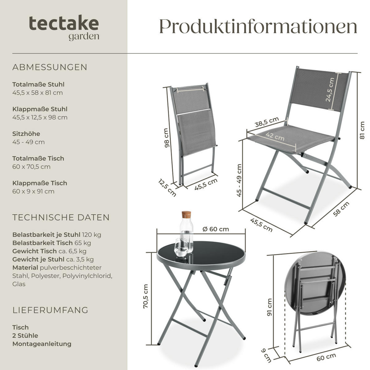BISTRO-SET Düsseldorf,Tisch mit Sicherheitsglasplatte,grau - Grau, Naturmaterialien/Kunststoff - tectake