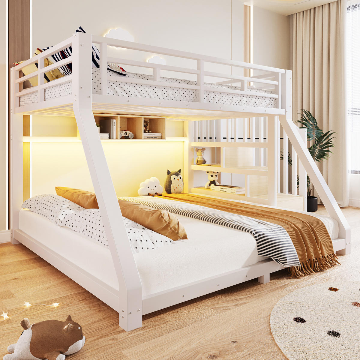 ETAGENBETT 90/200 cm & 140/200 cm in Weiß Kinderbett mit 3 Staufächern, LED und Treppe Metall - Weiß, Holzwerkstoff/Metall (140/200cm) - STILVORA