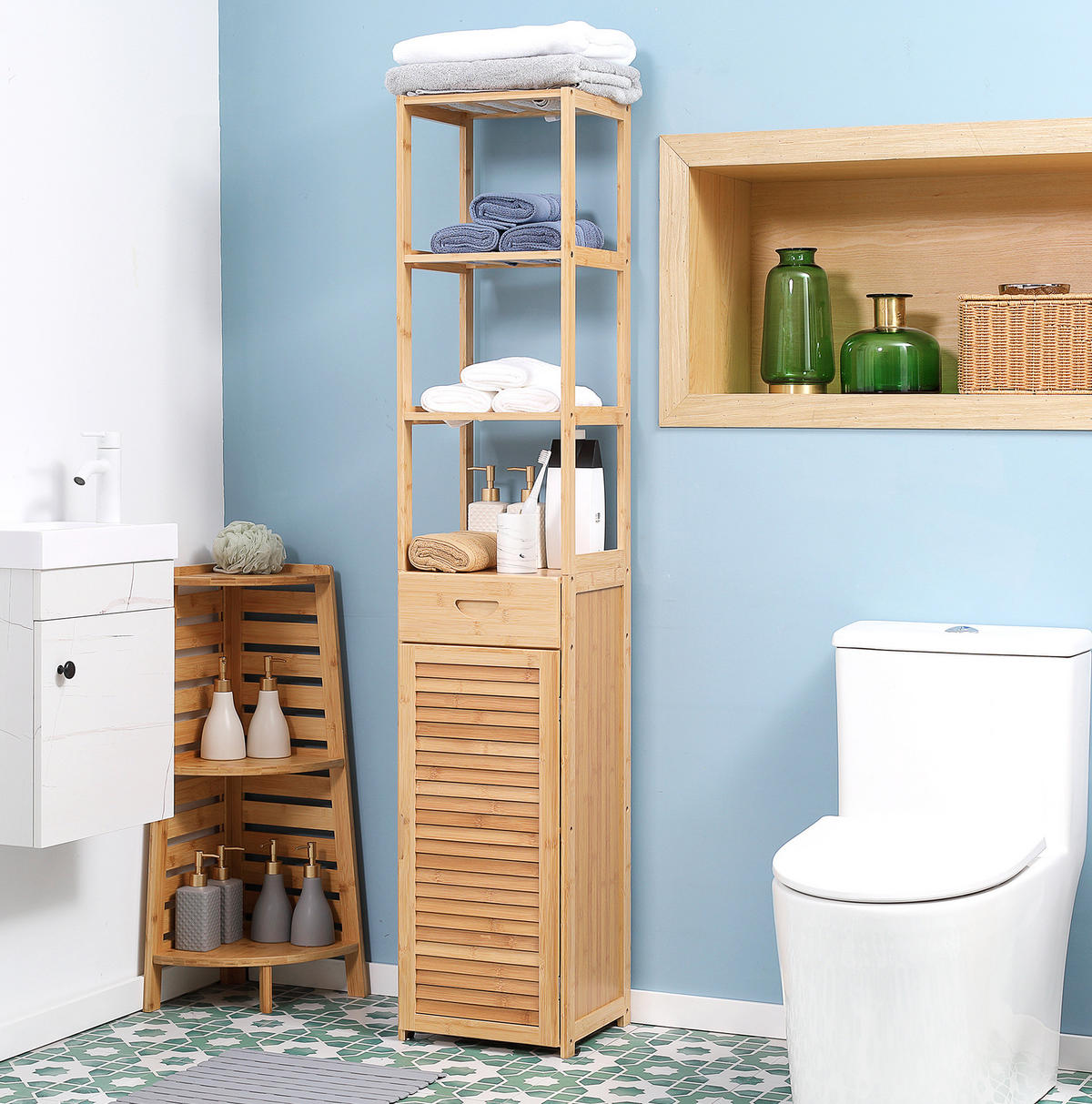 HOCHSCHRANK 32/30/163 cm aus Bambus mit Lamellentür und Schublade Natur - Naturfarben, Holzwerkstoff (32/163/30cm) - Modenvie