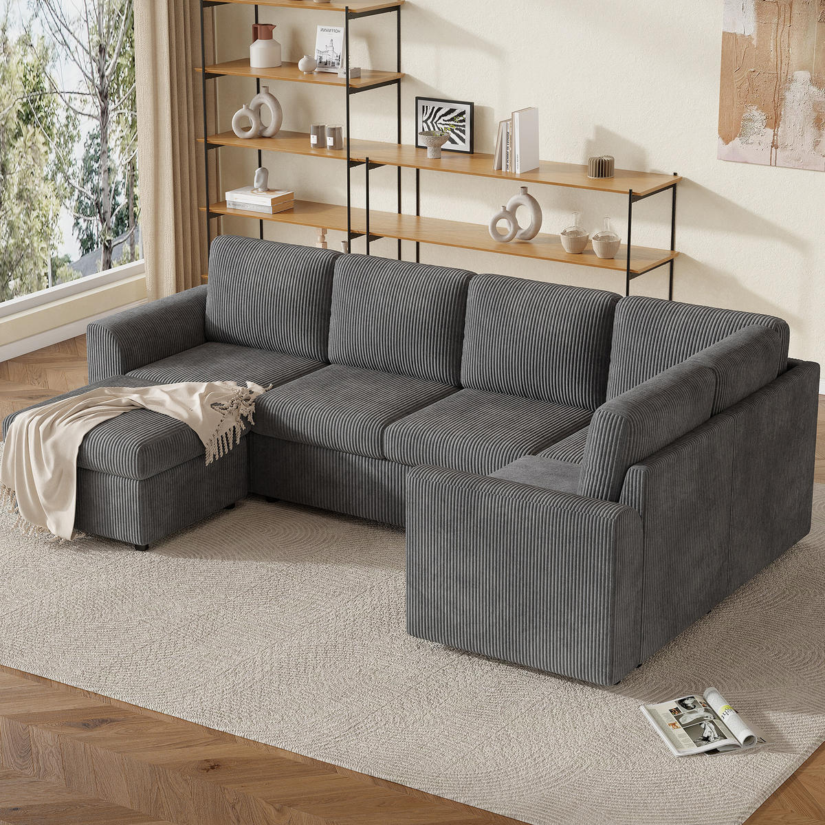 SOFA Grau L-Form Cord Ecksofa Hocker Schaumstoff 282cm - Grau, Textil (153/85/282cm) - FLIEKS