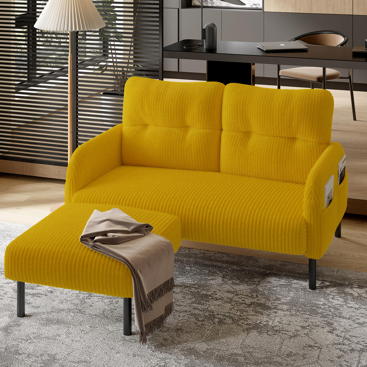2-SITZER SOFA Cord Gelb mit Seitentasche - Gelb, Textil/Metall (120/79/75cm) - WISHDOR