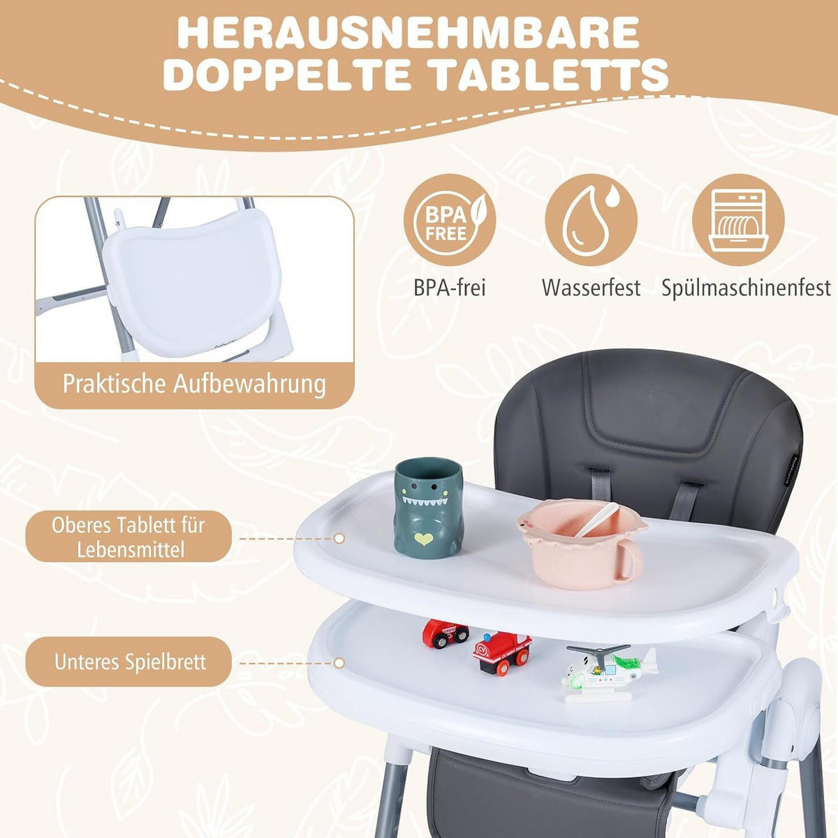 BABYSTUHL mit Spielbügel & Rollen dunkelgrau - Dunkelgrau, Metall (72/90.5/54cm) - COSTWAY