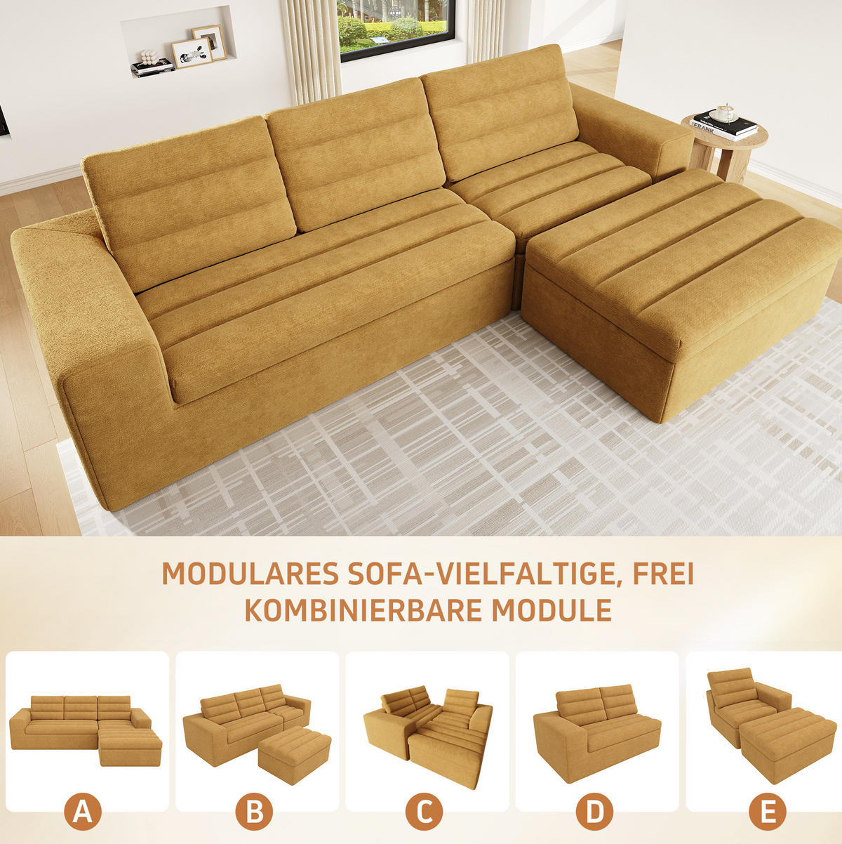 ECKSOFA 253/161/89 cm orange aus Chenille mit Hocker - Orange, Textil (161/253cm) - OKWISH