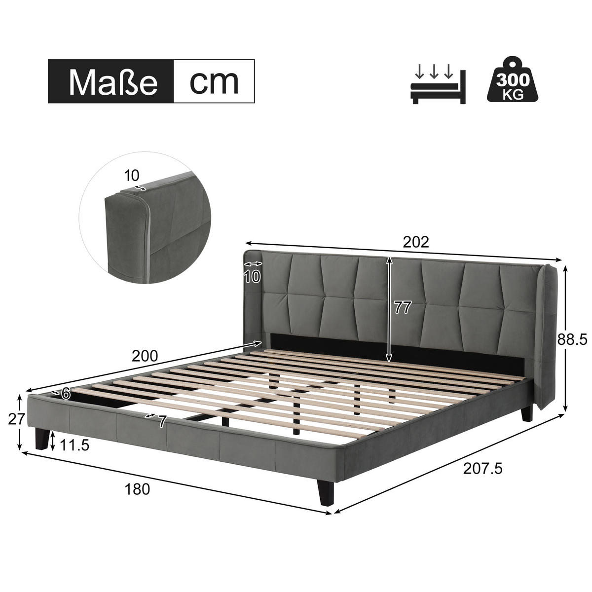 POLSTERBETT 180/200 cm Grau mit Lattenrost und Kopfteil - Grau, Textil (180/200cm) - OKWISH